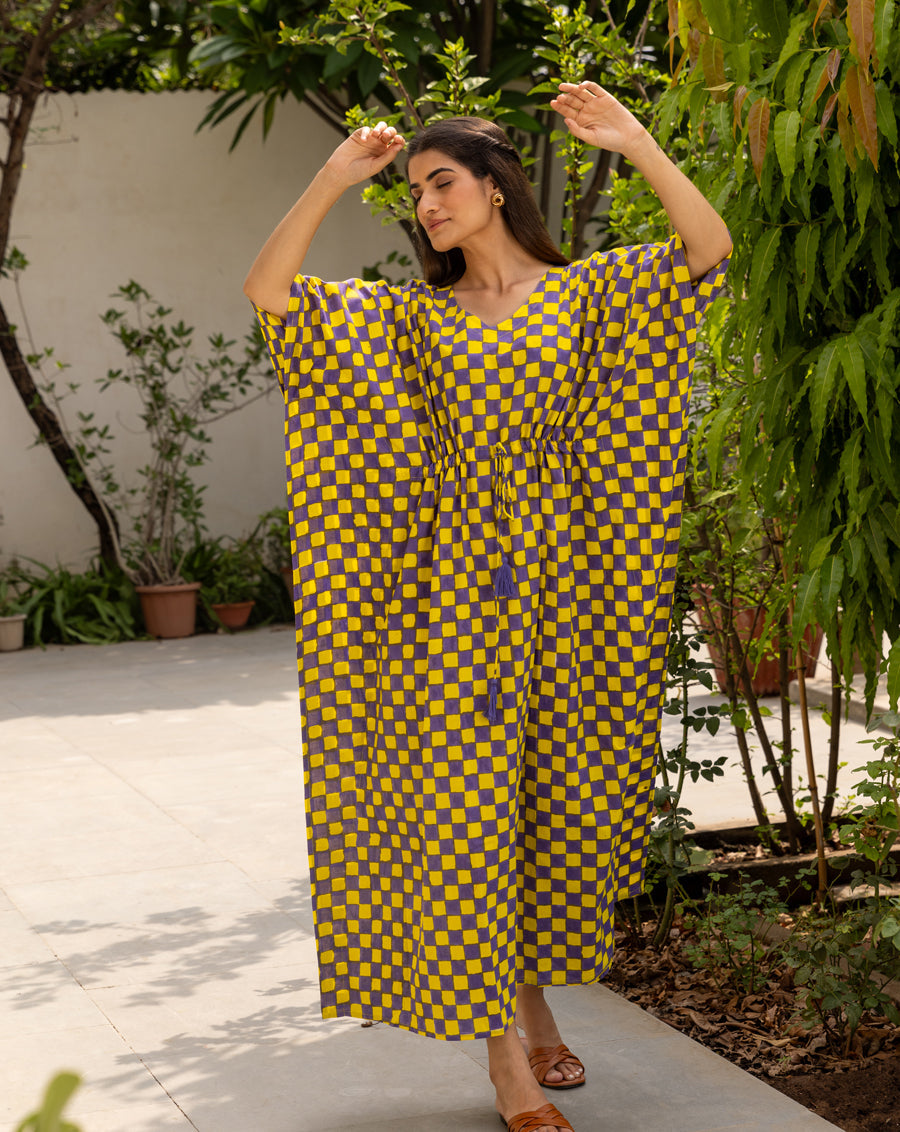 Chequer Hand Block Printed Cotton Kaftan