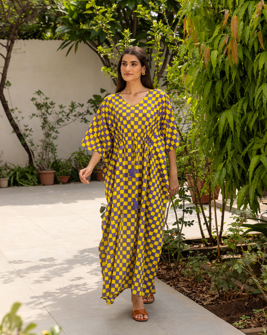 Chequer Hand Block Printed Cotton Kaftan