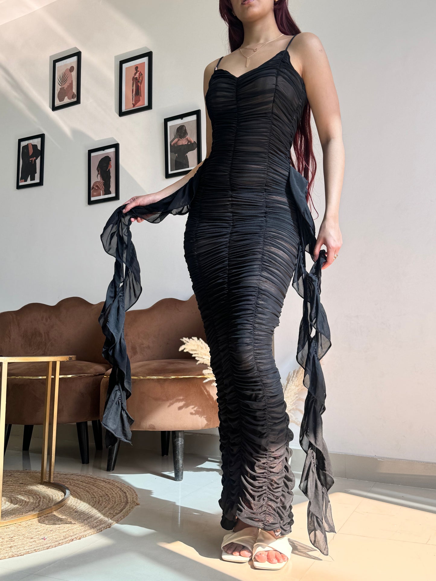 Black Strappy Side Ruffle Dress