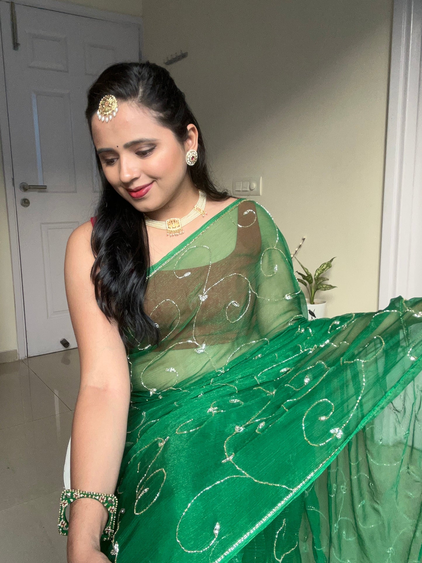 Banno Tera Swagger -Jaal Embroidery Pre-Pleated Shimmer Chiffon Saree