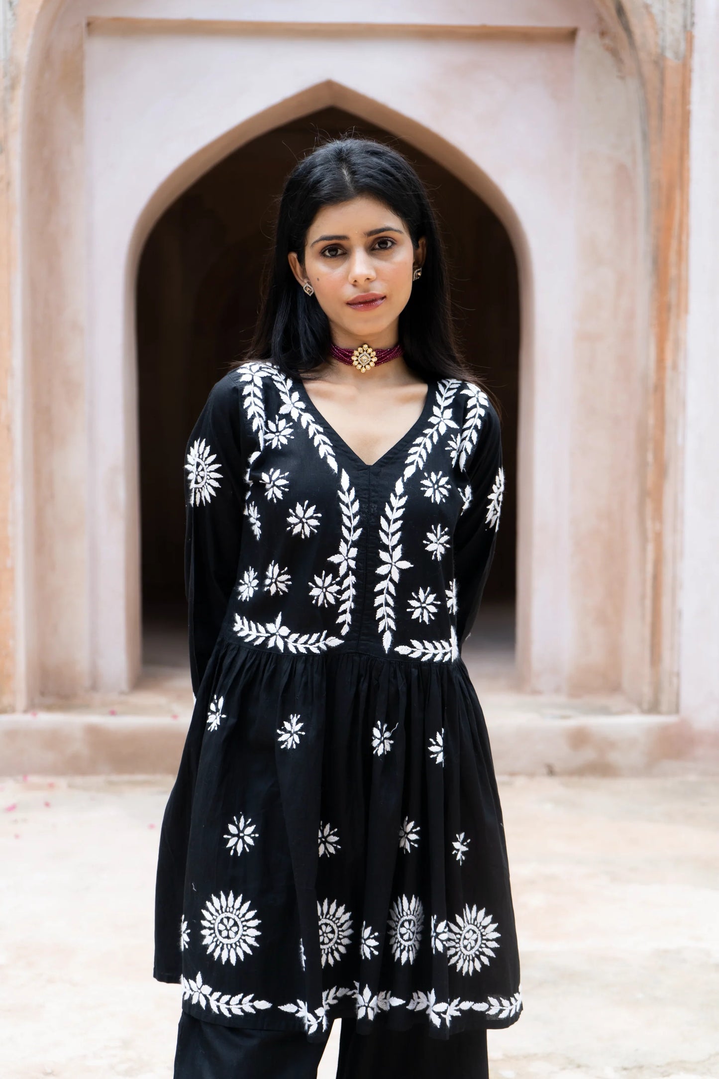 Zoya Black Flared Chikankari Kurta with Palazzo Set