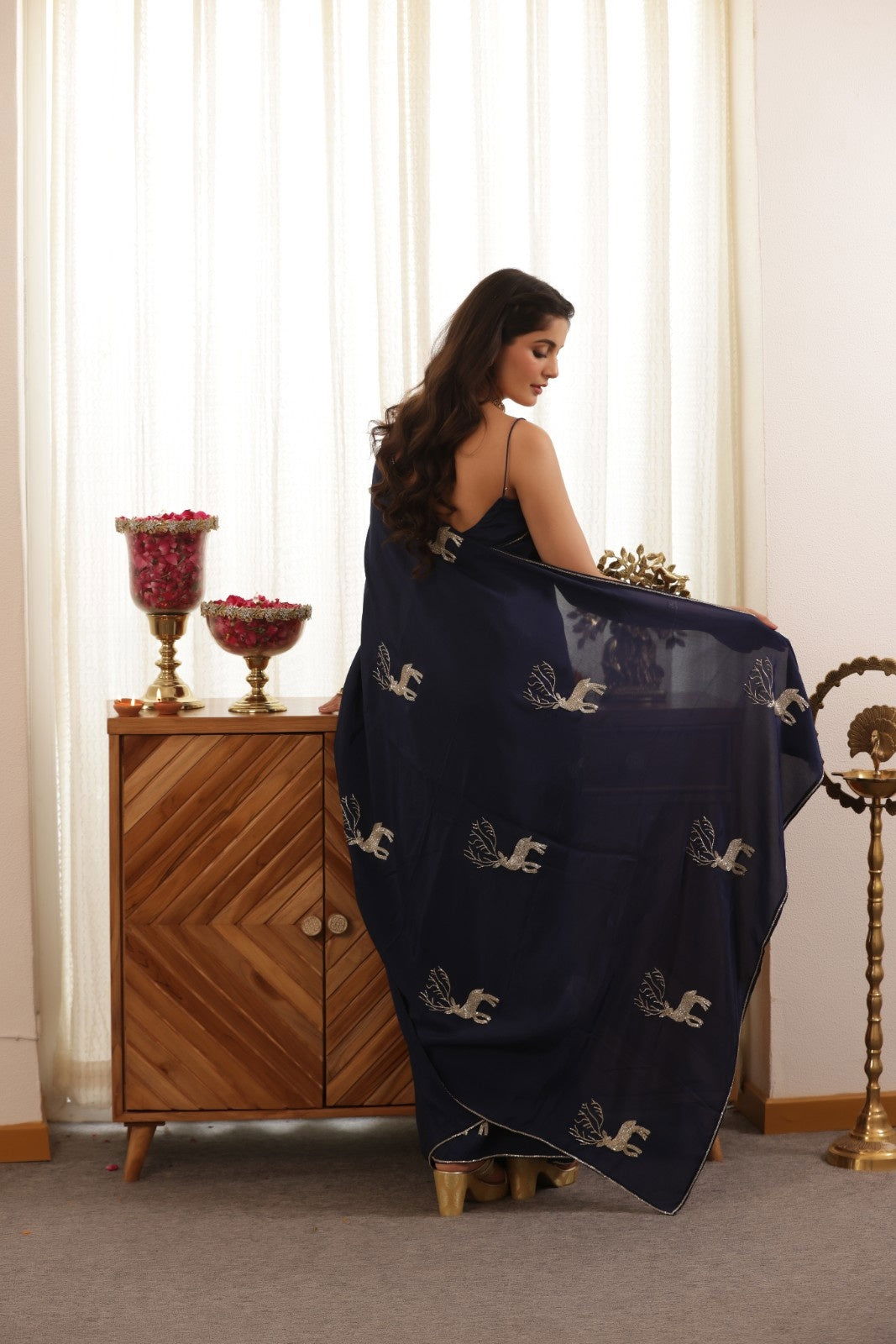 Deer Blue Hand Embroidered Upada Silk Saree