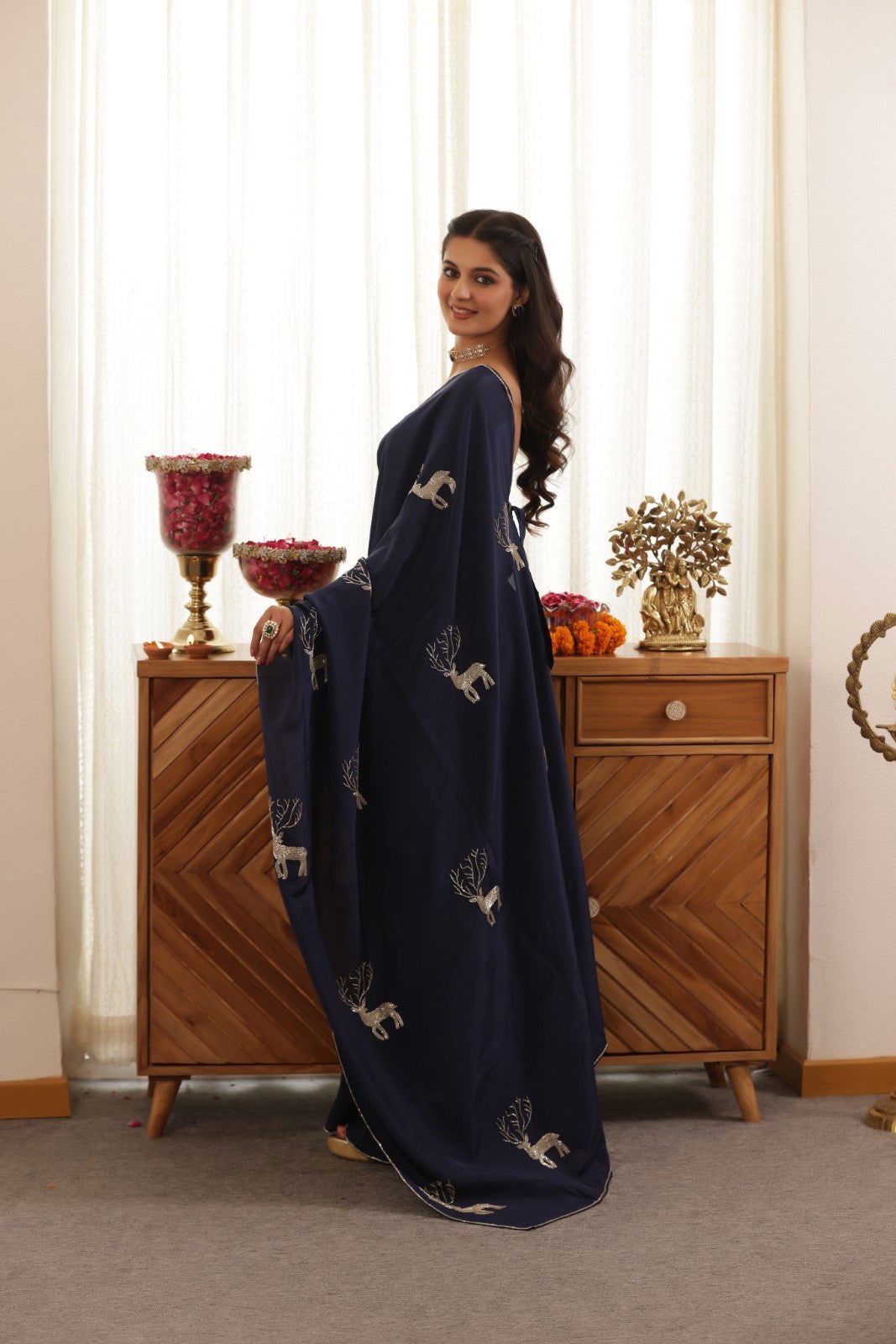 Deer Blue Hand Embroidered Upada Silk Saree
