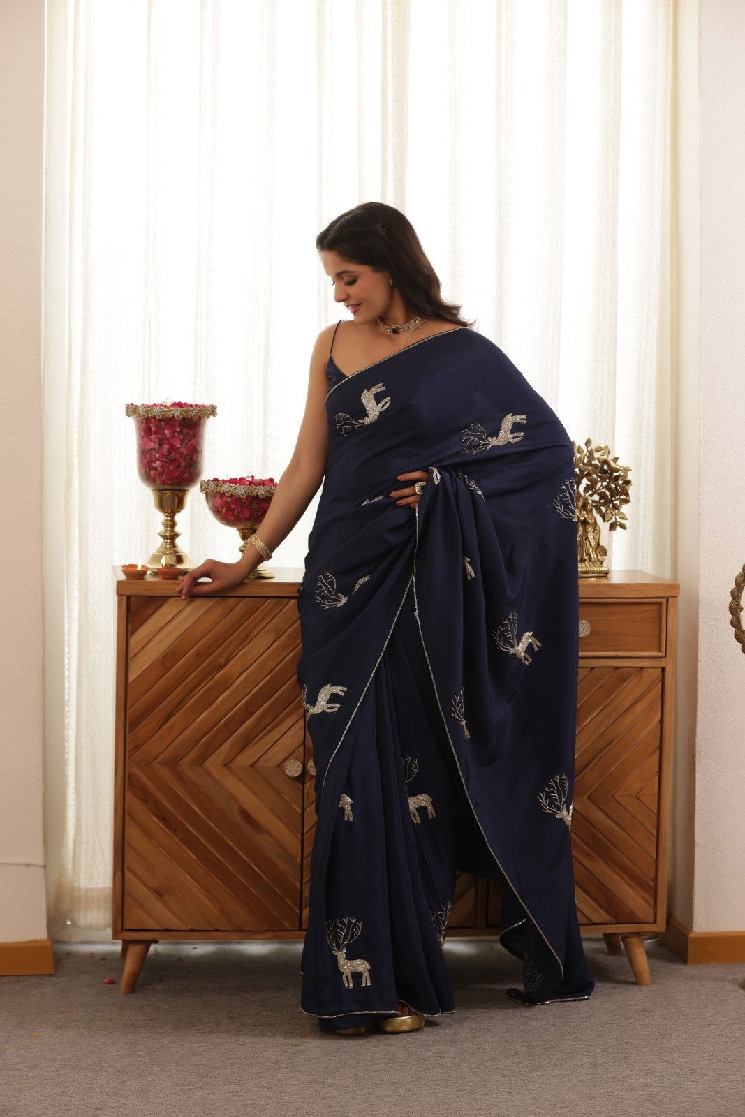 Deer Blue Hand Embroidered Upada Silk Saree