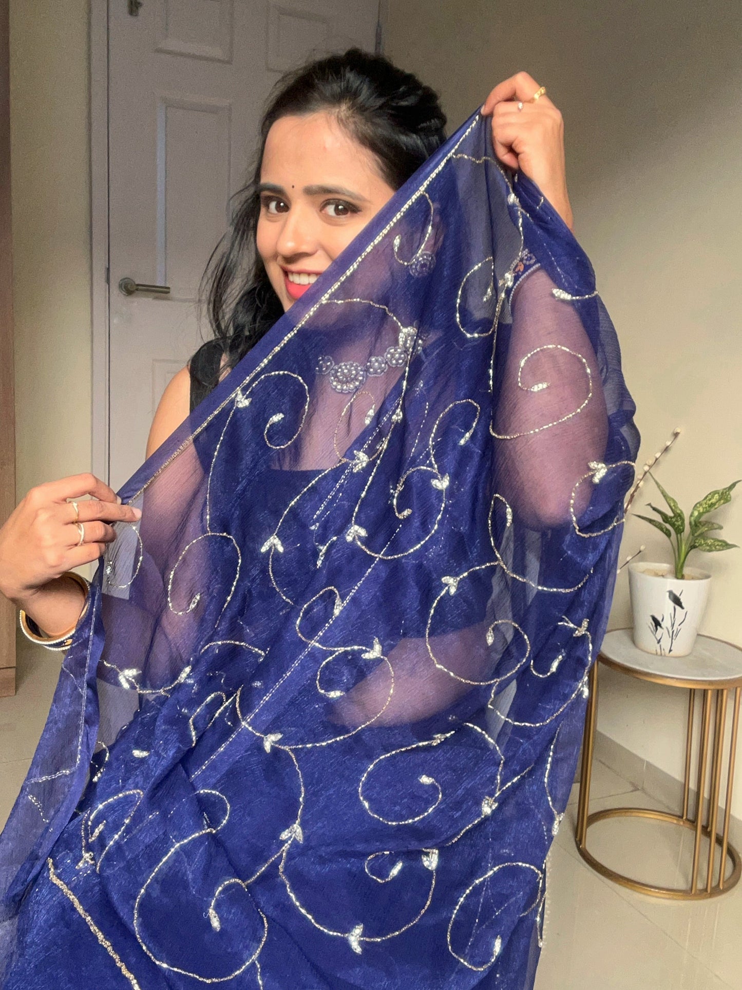 Banno Tera Swagger -Jaal Embroidery Pre-Pleated Shimmer Chiffon Saree