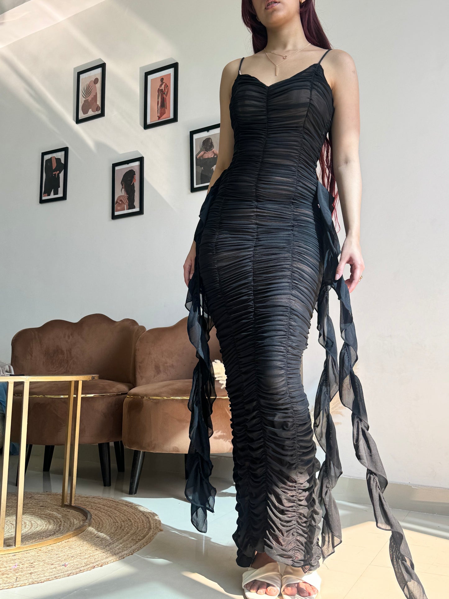 Black Strappy Side Ruffle Dress