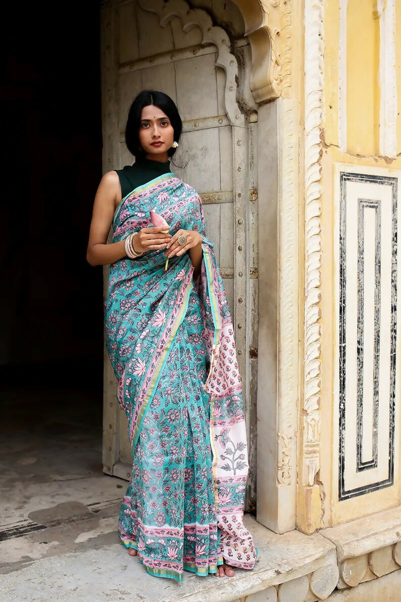 Daisies Through My Window - Hand Block Print Chanderi Silk Saree