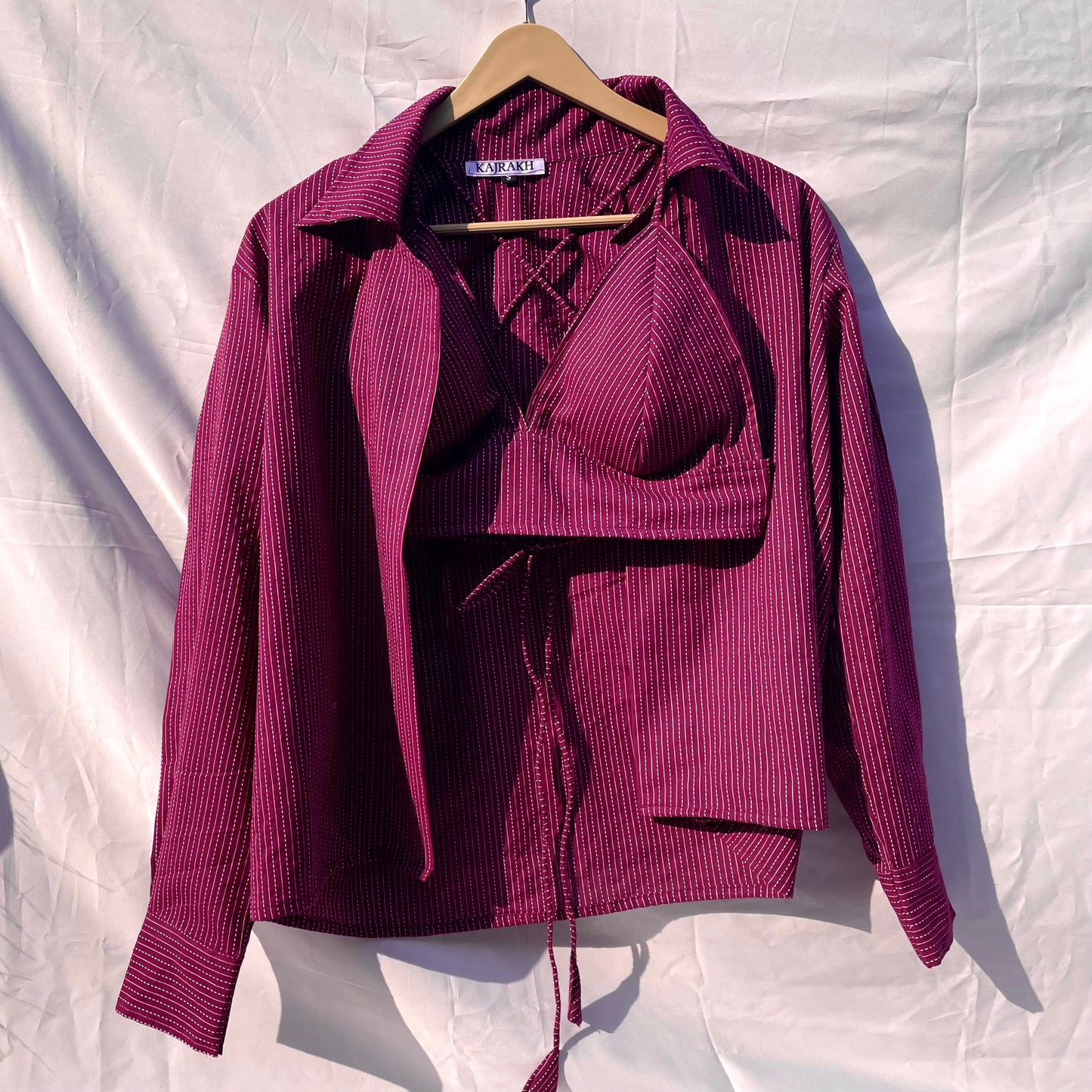 Wine Katha Shirt with Bralette Combo