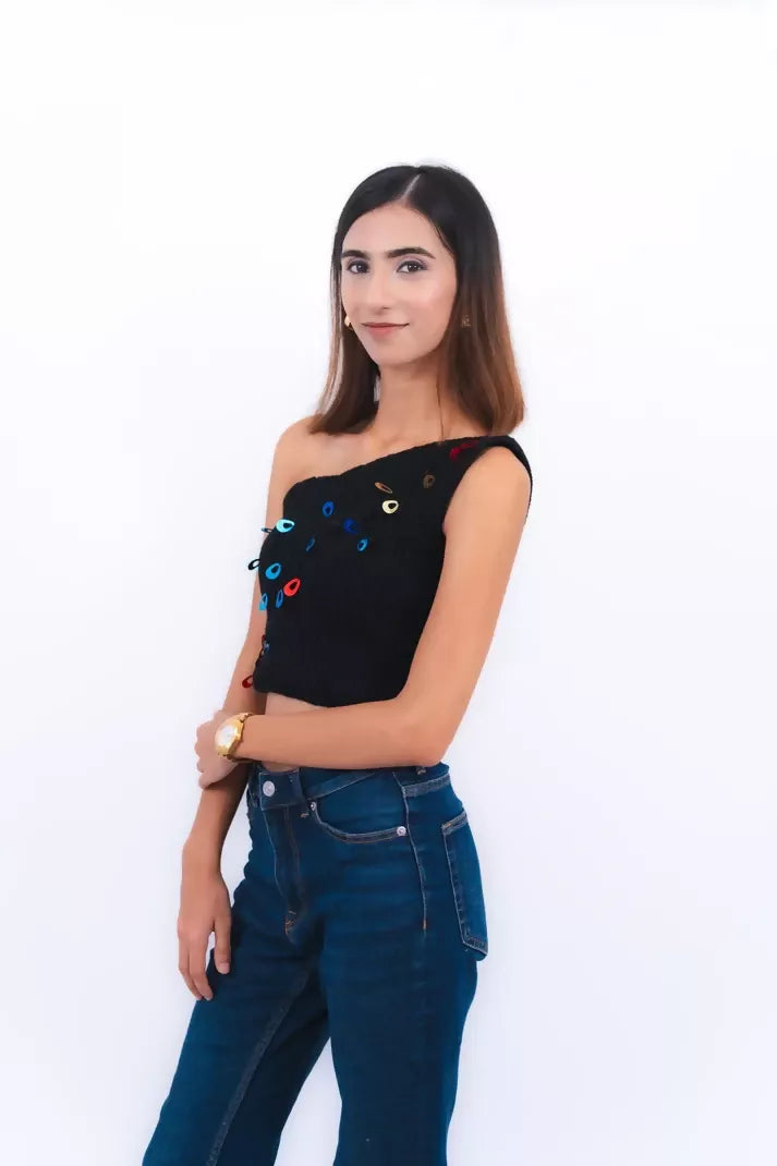 Scarlett Black One-Shoulder Crochet Top