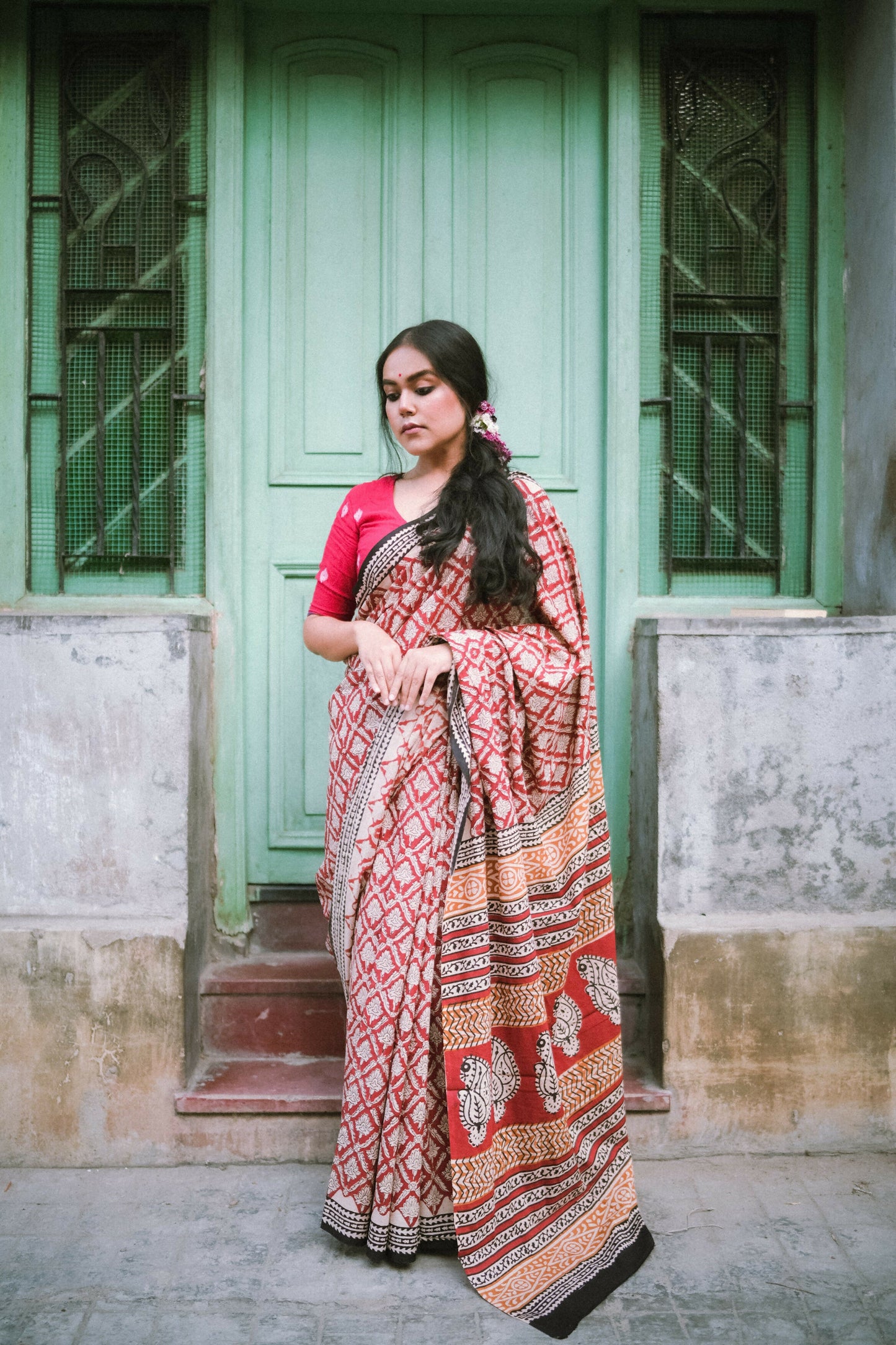 Brick Red Bagru Mul-Cotton Saree