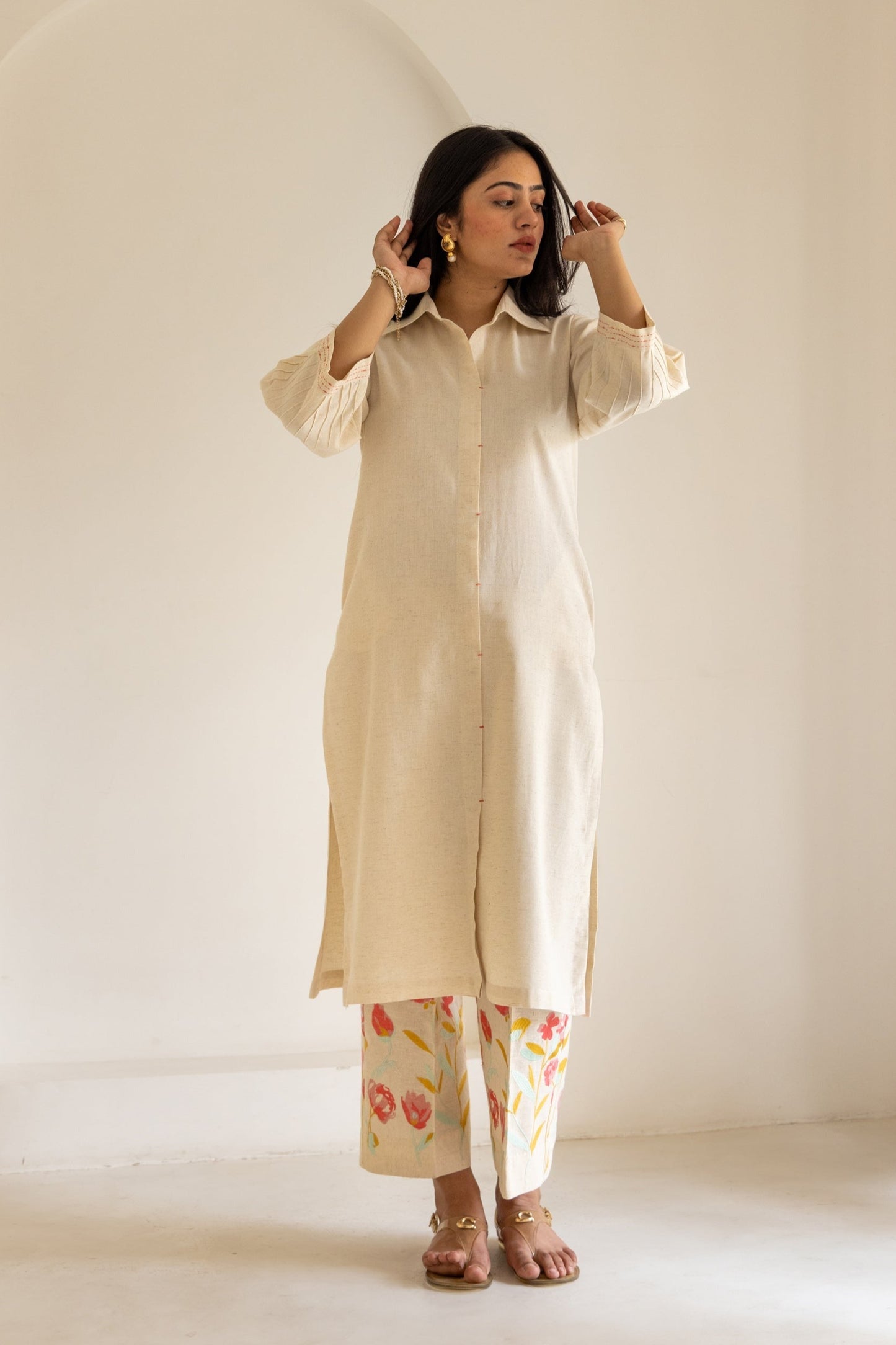 Ivory Cream Floral Embroidered Kurta Pants Set