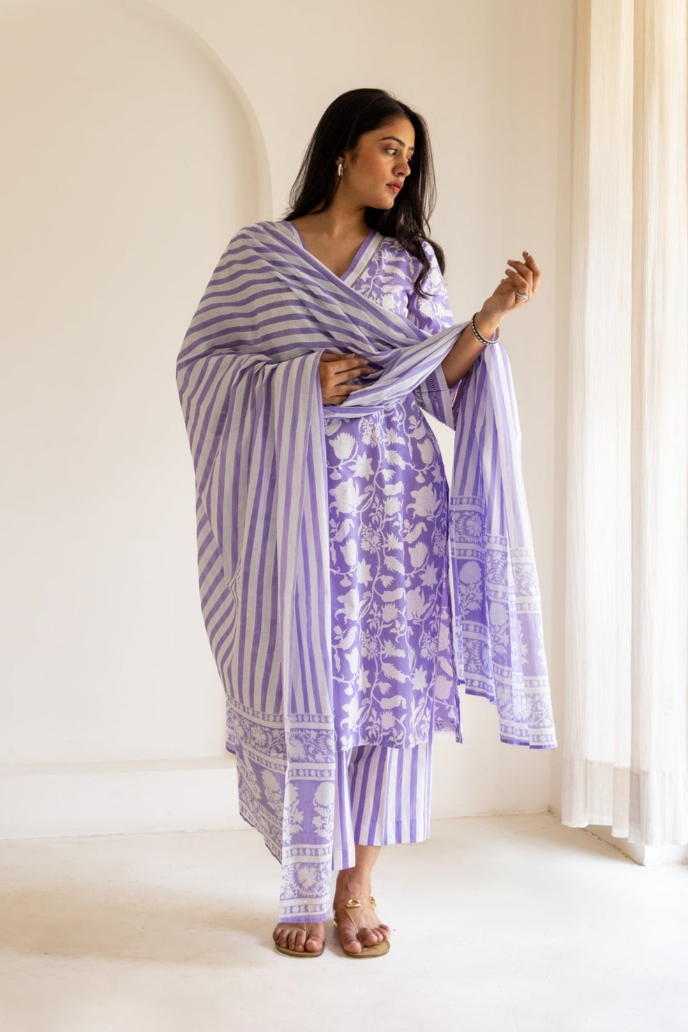 Lilac Block Printed Cotton Kurta Set