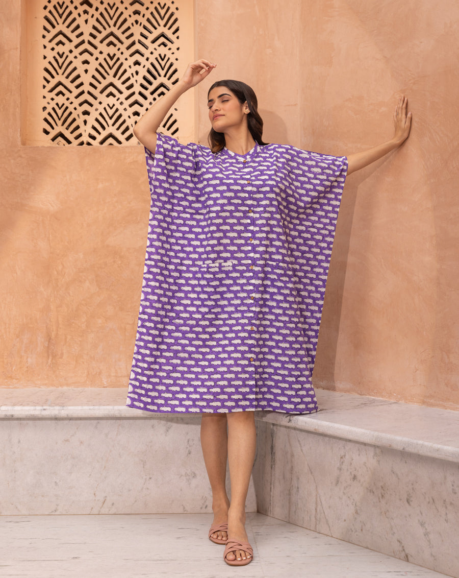 Happy Hippos Hand Block Printed Cotton Midi Kaftan Shirt