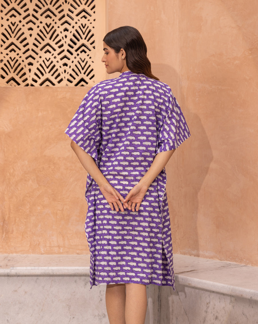 Happy Hippos Hand Block Printed Cotton Midi Kaftan Shirt