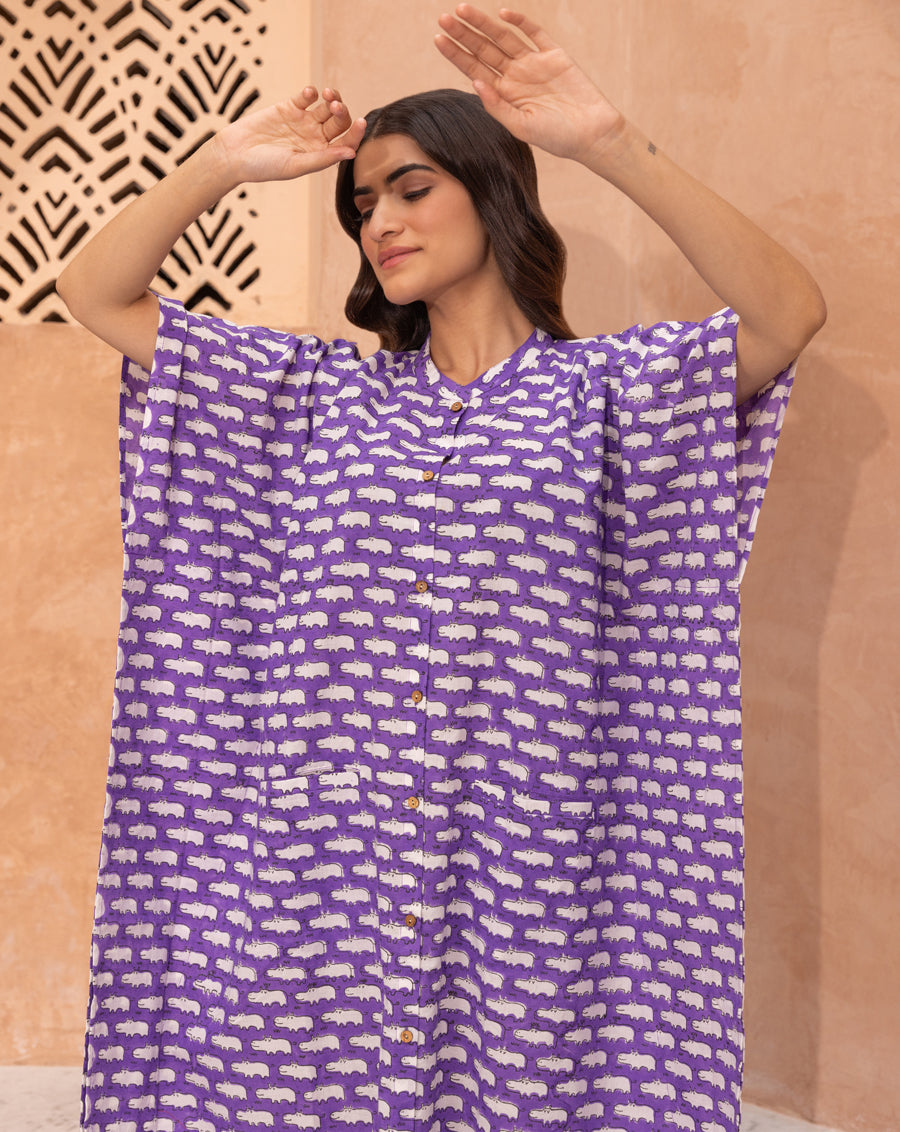 Happy Hippos Hand Block Printed Cotton Midi Kaftan Shirt