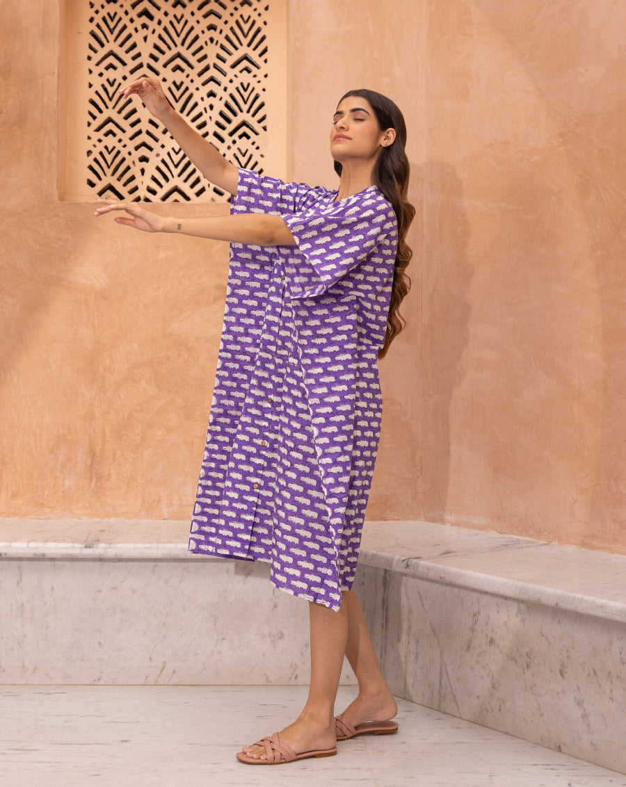 Happy Hippos Hand Block Printed Cotton Midi Kaftan Shirt