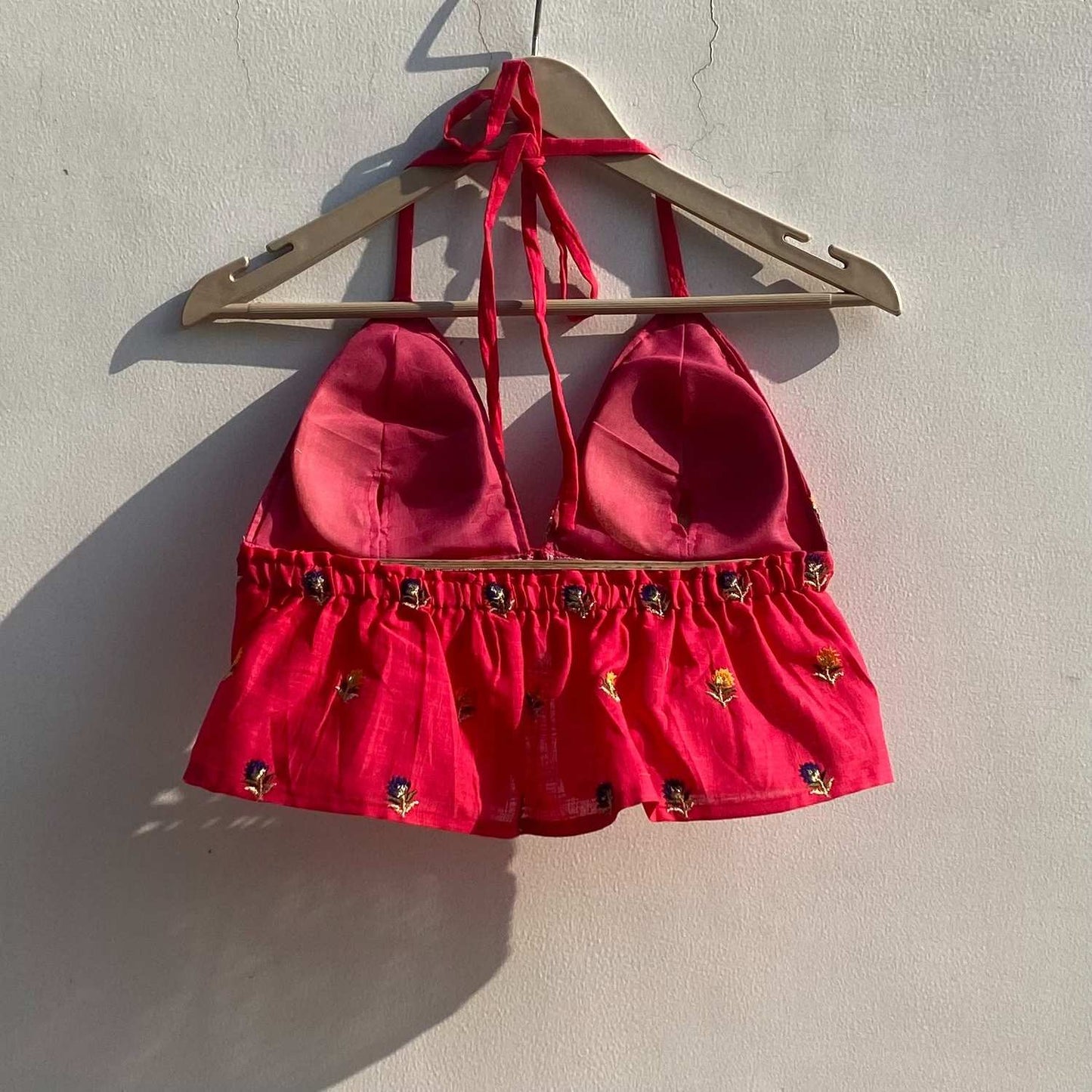 Pink Butti Embroidery Halter Neck Top with Removable Pads