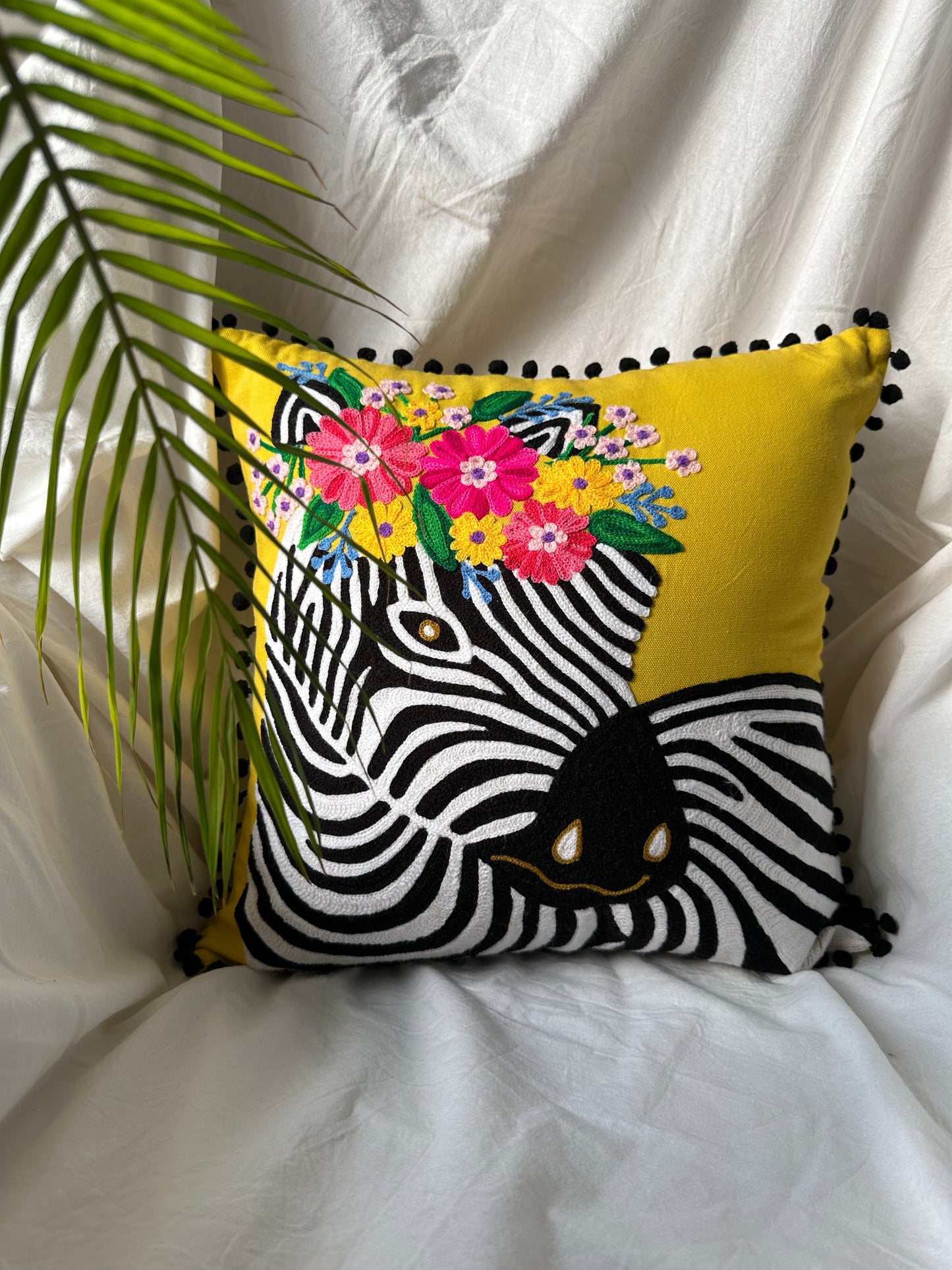 Embroidered Zebra Yellow Cushion Cover