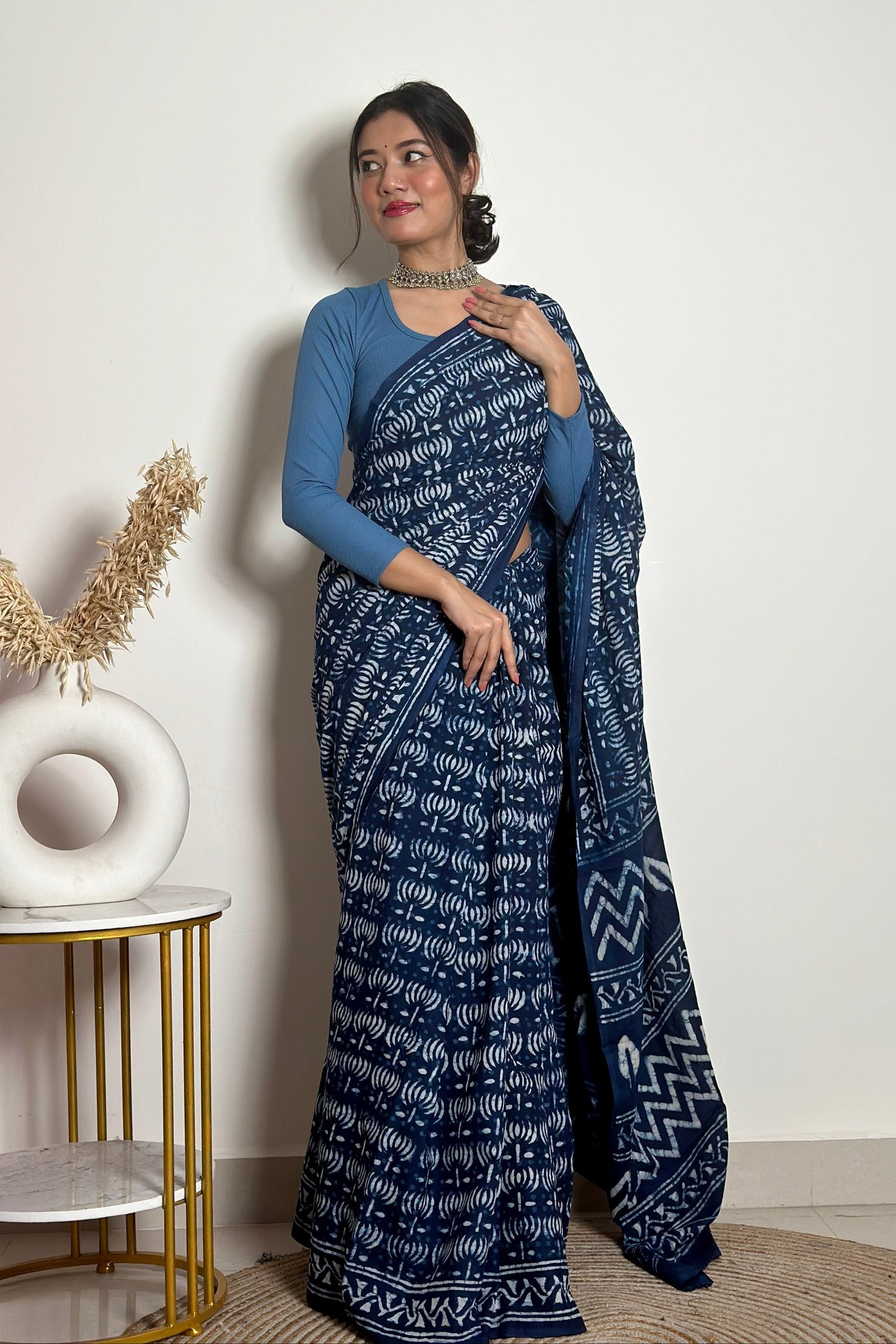 Indigo Lotus Handblock Dabu in Natural Dyes Cotton Mulmul Saree