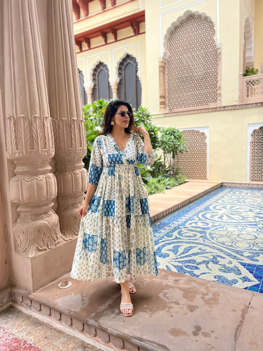 Off White Printed Maxi Cotton Dress