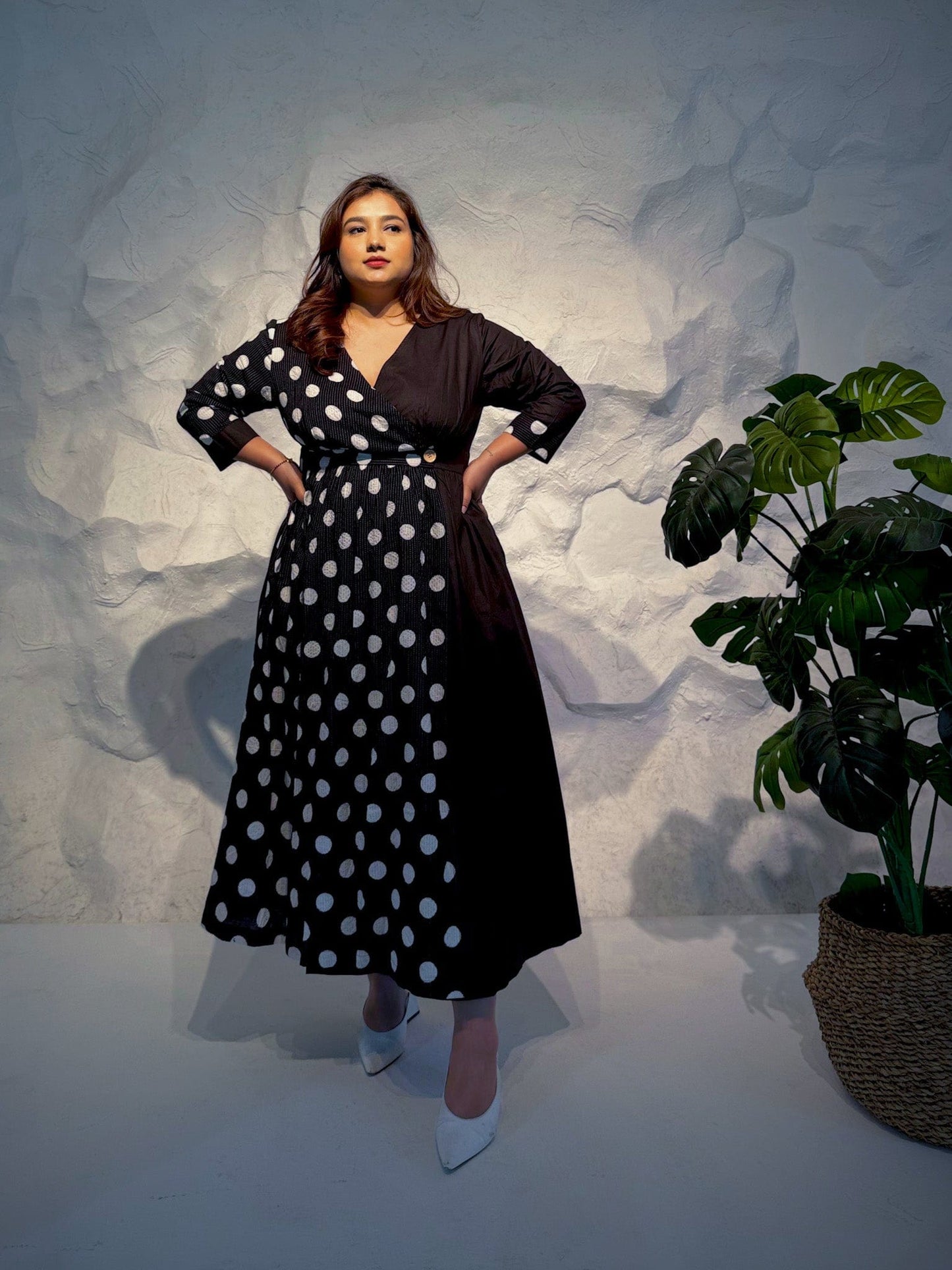 Zinnia Half & Half Polka Dot Wrap Dress with Kantha Embroidery