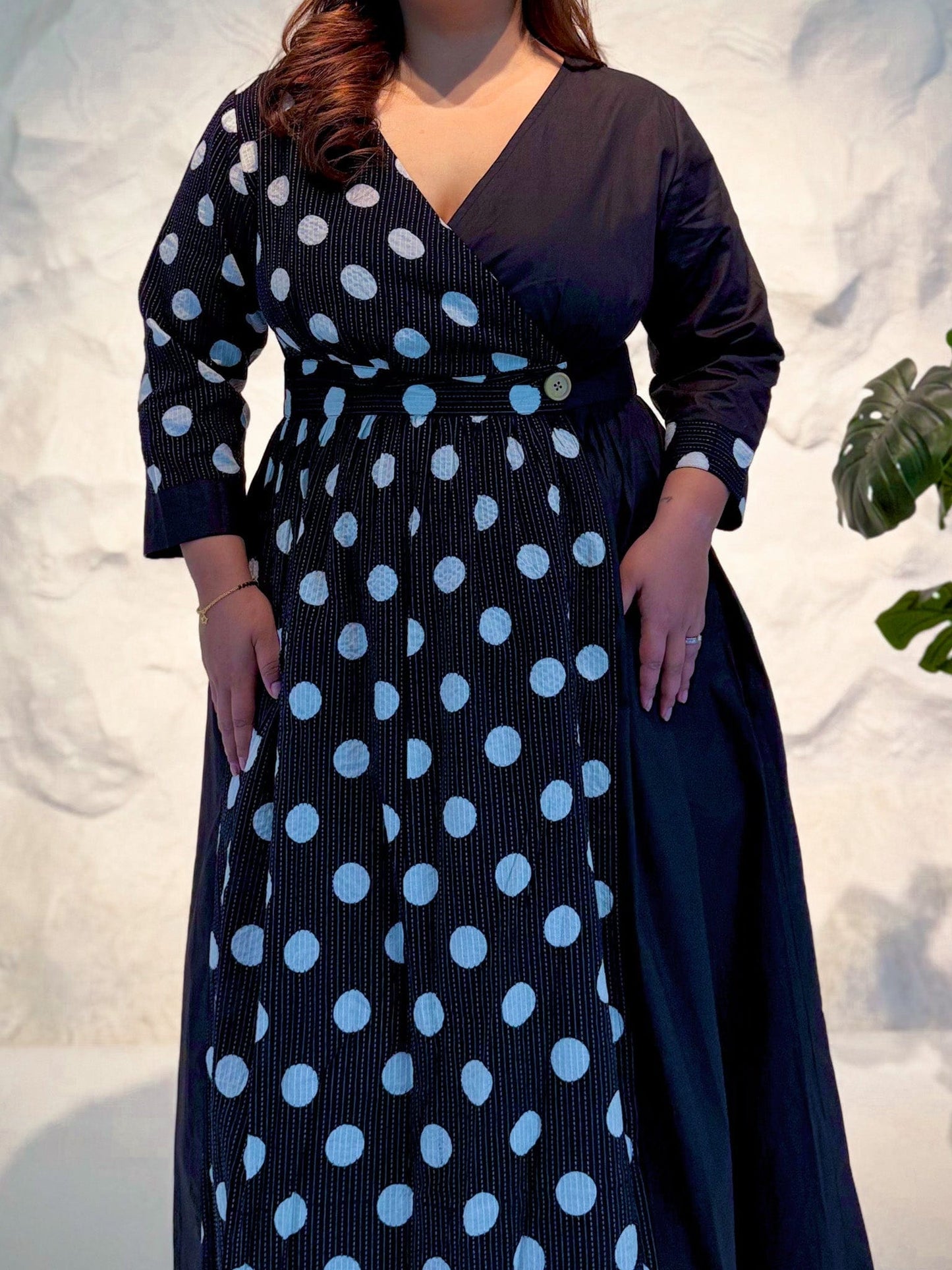 Zinnia Half & Half Polka Dot Wrap Dress with Kantha Embroidery