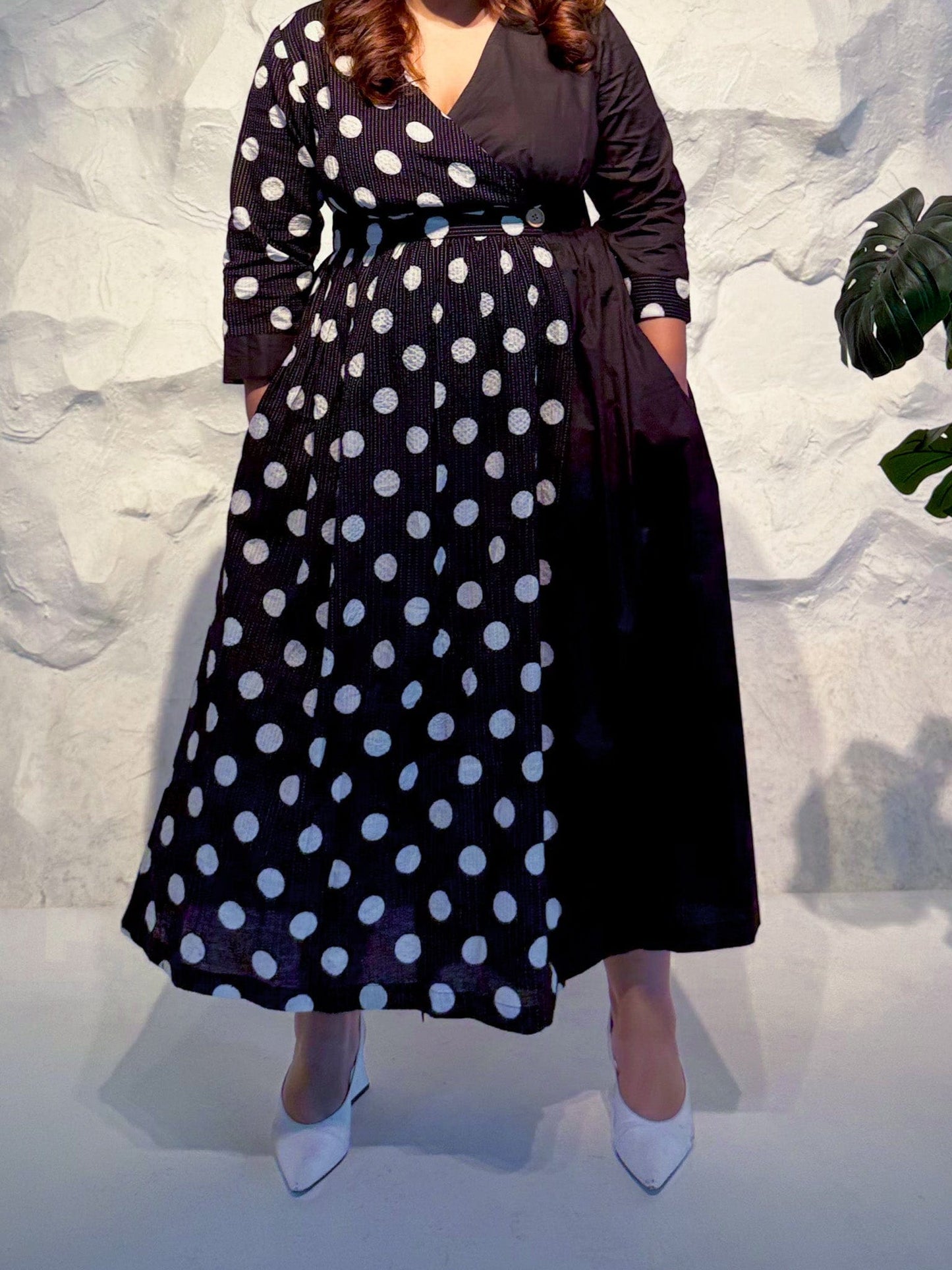 Zinnia Half & Half Polka Dot Wrap Dress with Kantha Embroidery