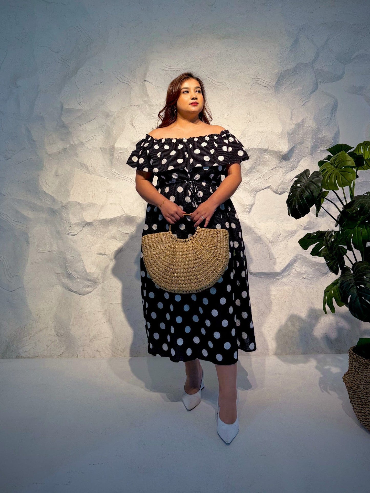 Marienne Off-Shoulder Polka Dot Dress
