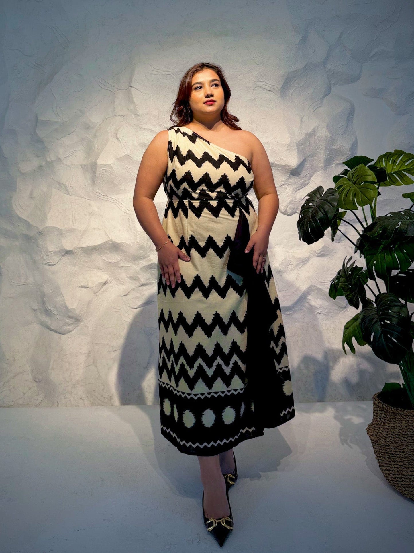 Aruna One Shoulder Zigzag Print Dress