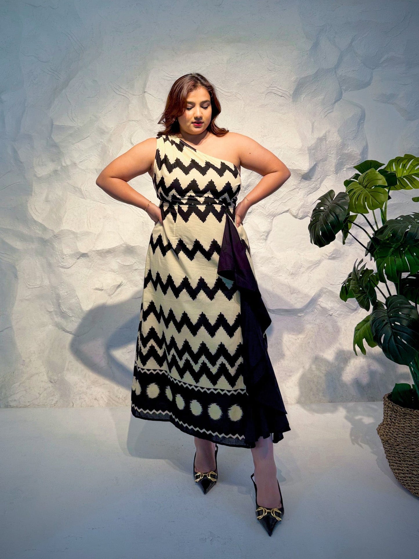 Aruna One Shoulder Zigzag Print Dress