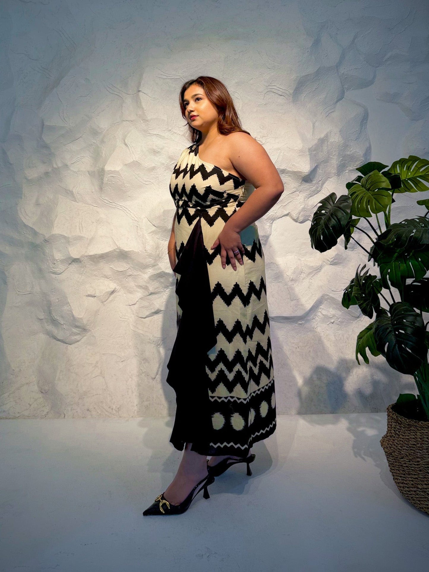 Aruna One Shoulder Zigzag Print Dress