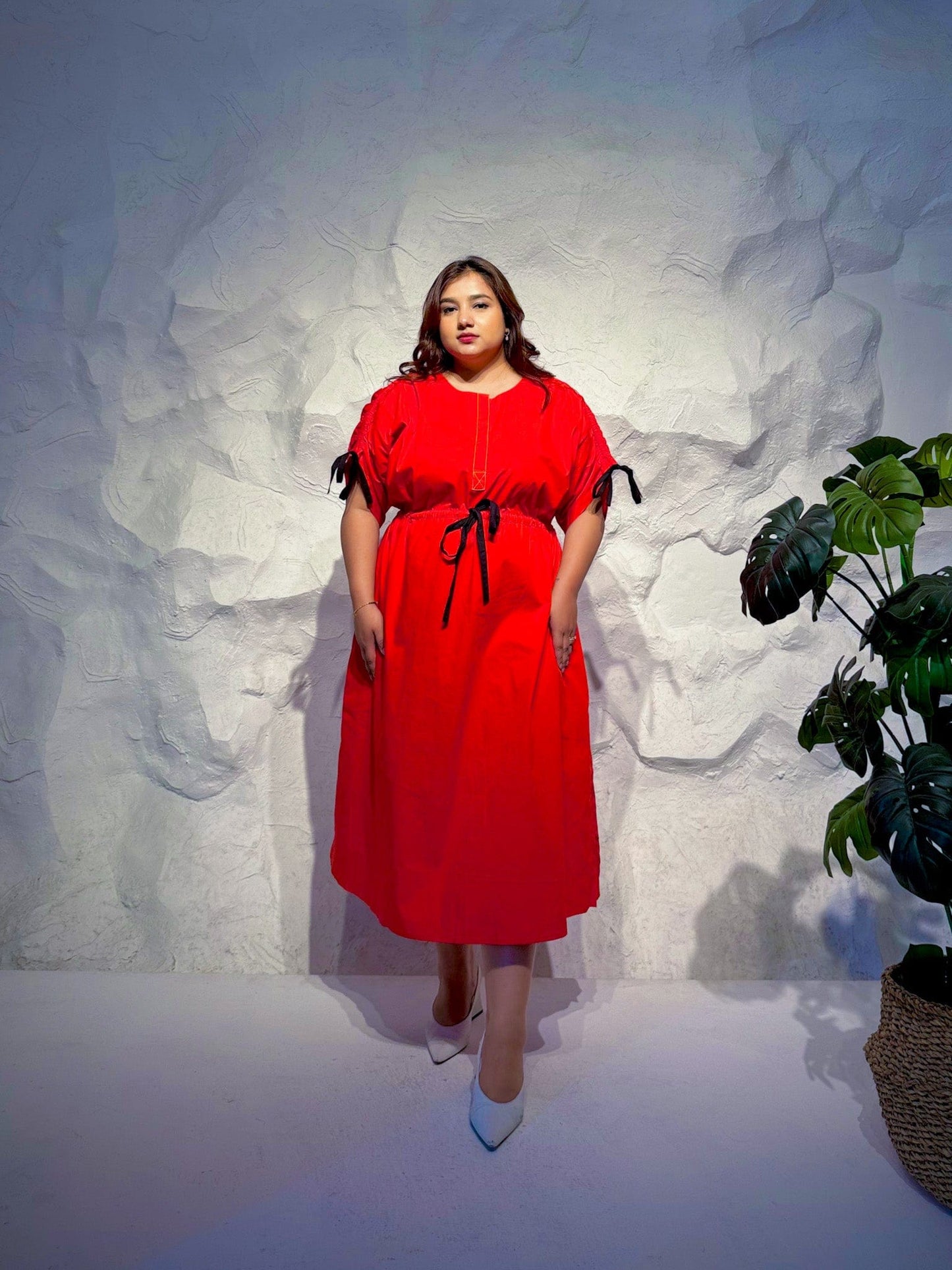 Crimson Drawstring Midi Dress