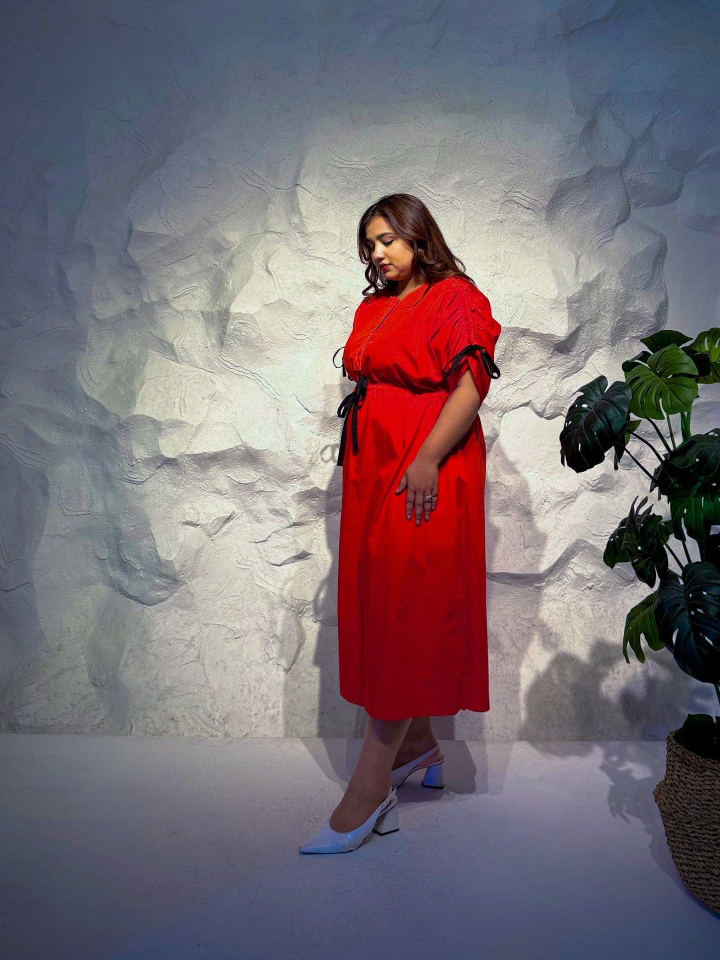 Crimson Drawstring Midi Dress