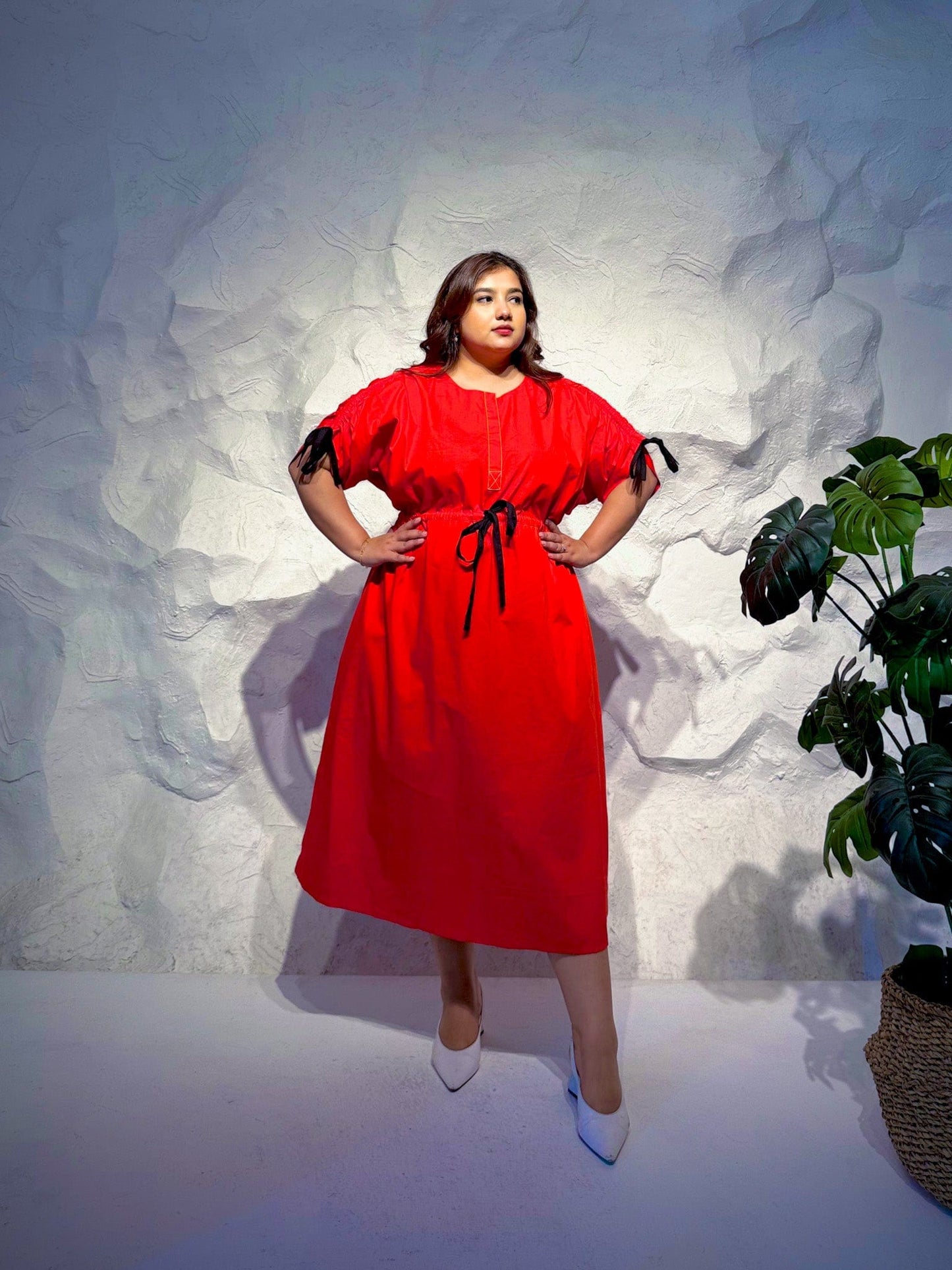 Crimson Drawstring Midi Dress