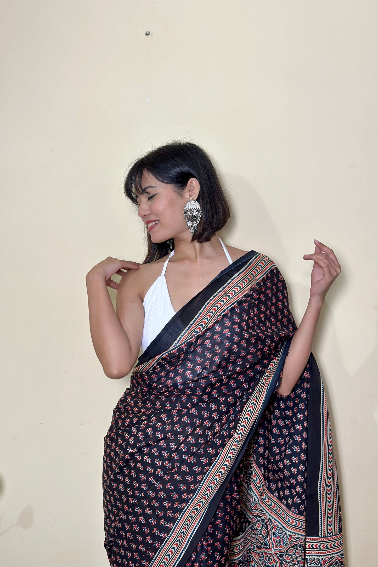 Maa Si Black Ajarkh Handblock - Mul Cotton Saree