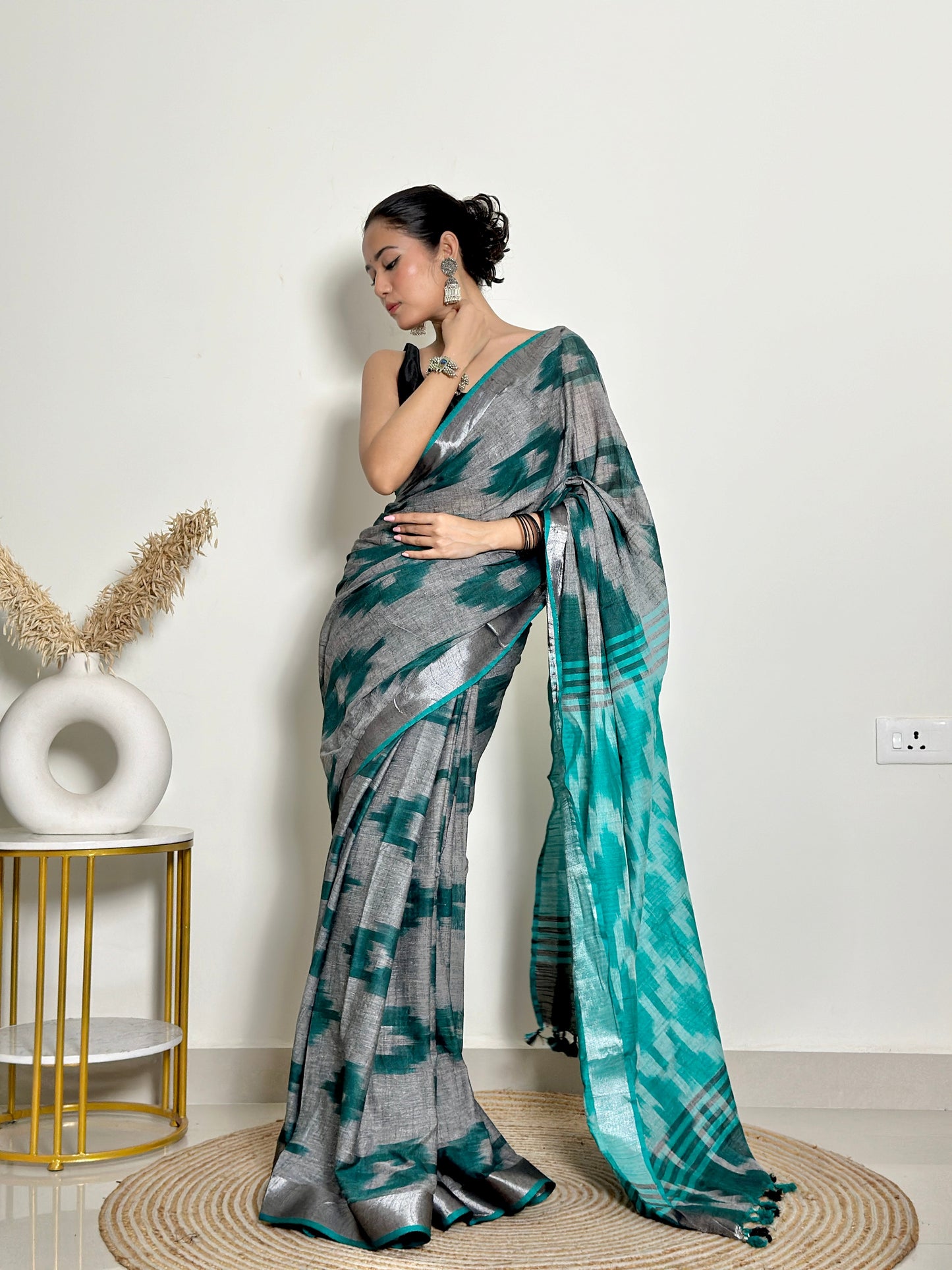 Grey And Turquoise Ikat Natural Dyed HandCrafted Soft Linen Saree