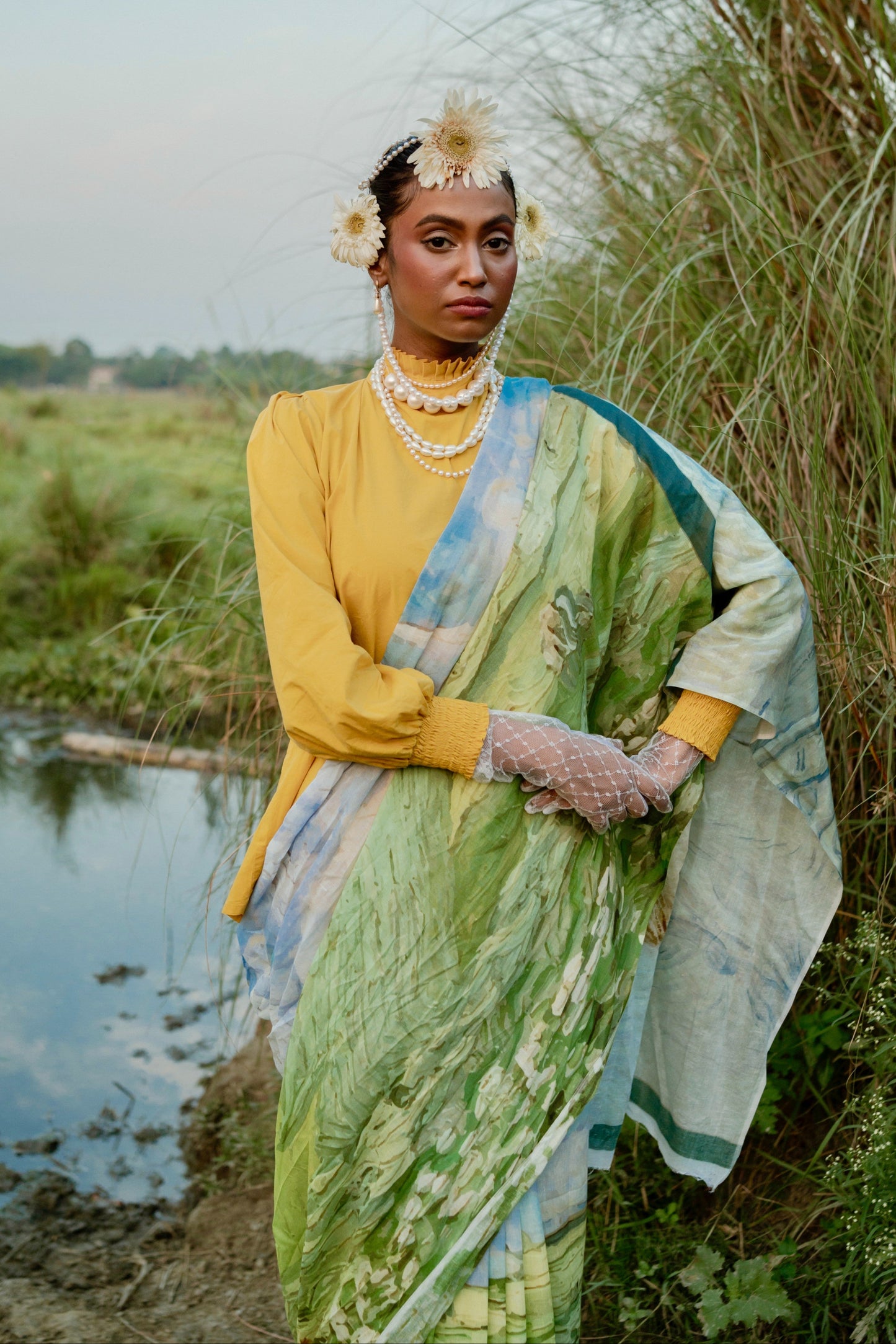 Wheat Field x Van Gogh's Self Portrait Saree Mul Cotton Saree