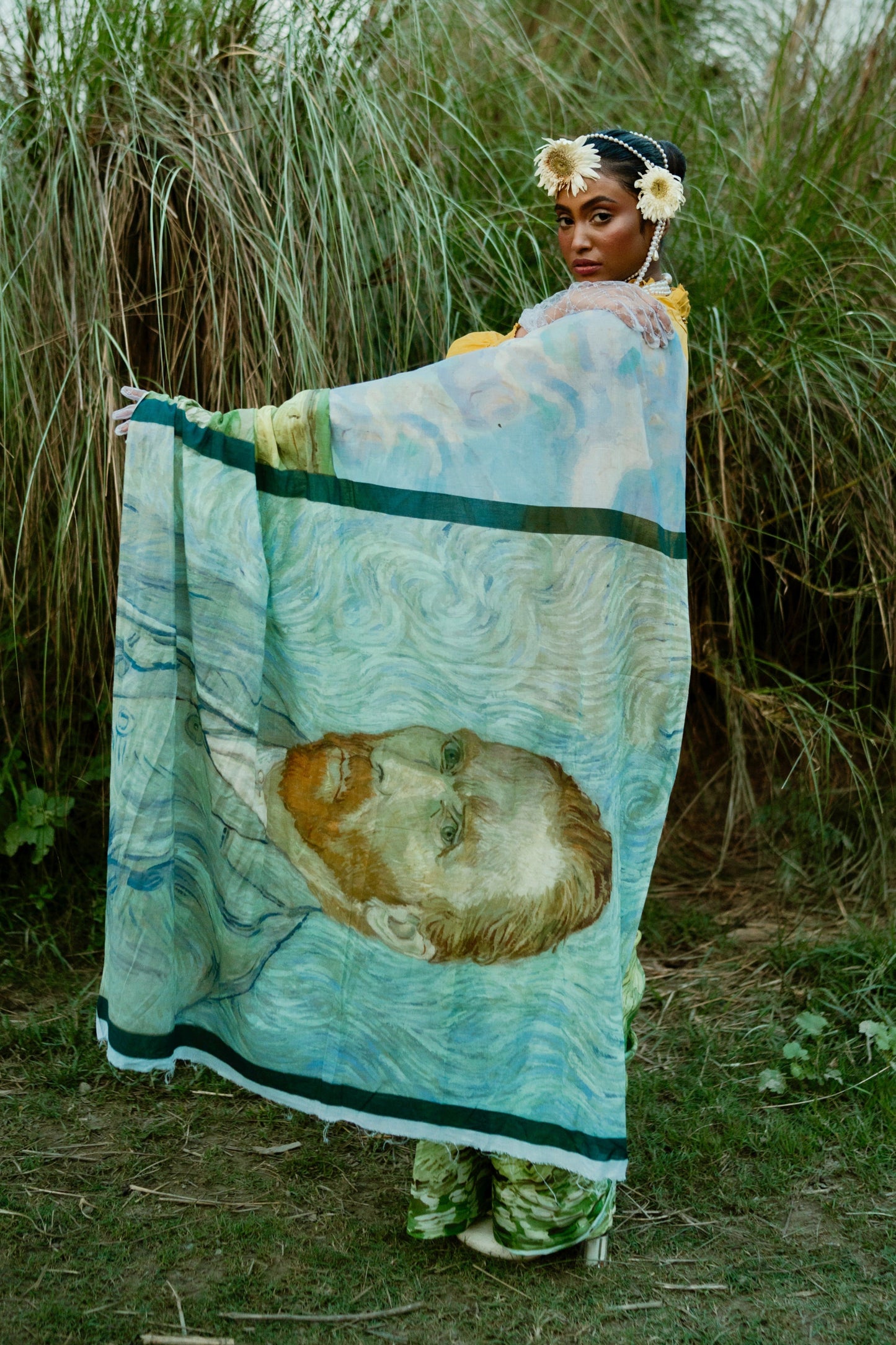 Wheat Field x Van Gogh's Self Portrait Saree Mul Cotton Saree