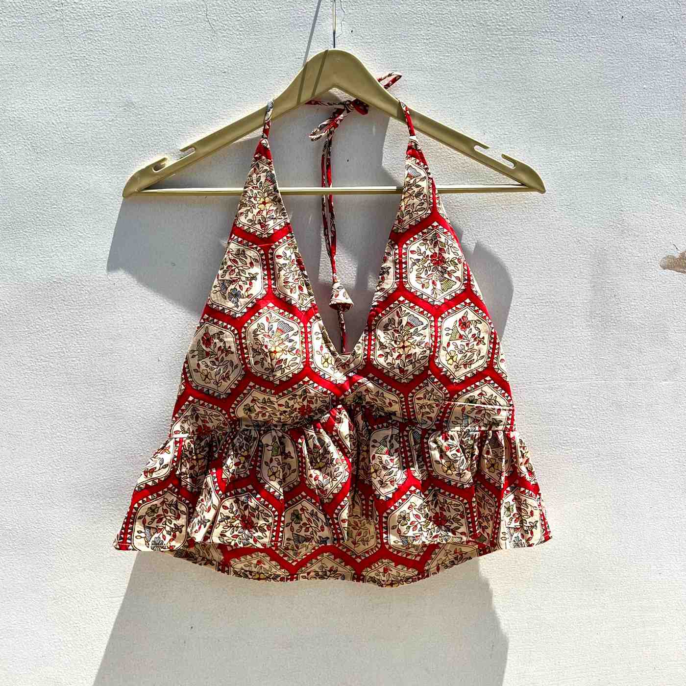 Red Block Print Halter Neck Cotton Top