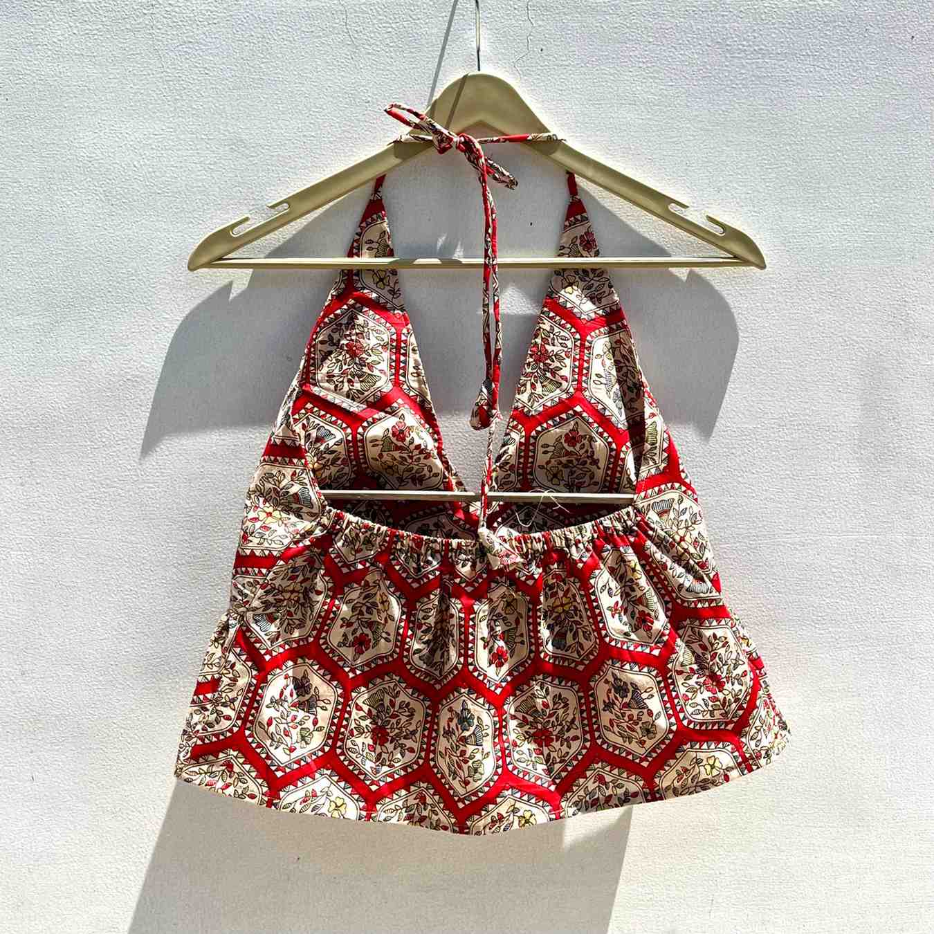 Red Block Print Halter Neck Cotton Top