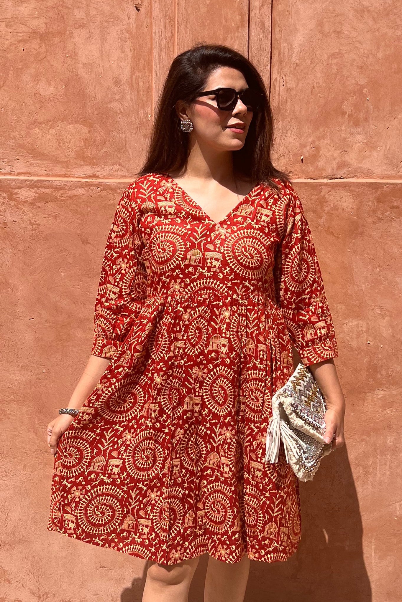 Printed Puff Sleeves Ethnic Dress