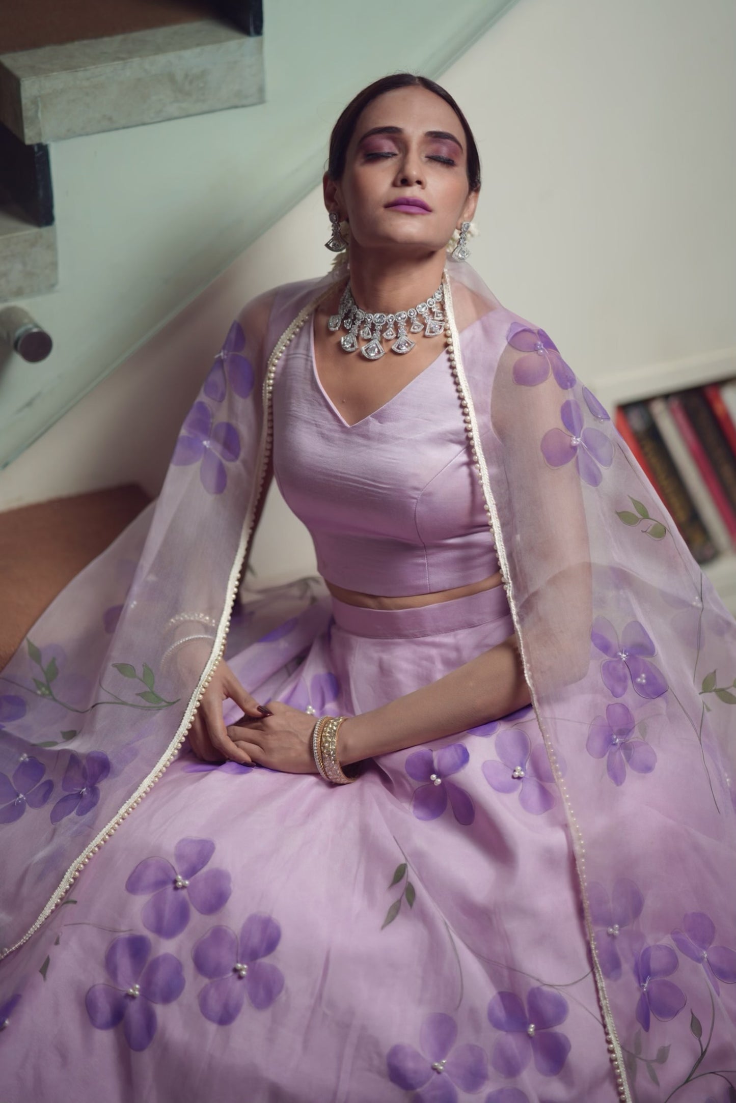 Dogwood Organza Hand-Painted Lehenga Enhanced With Pearls