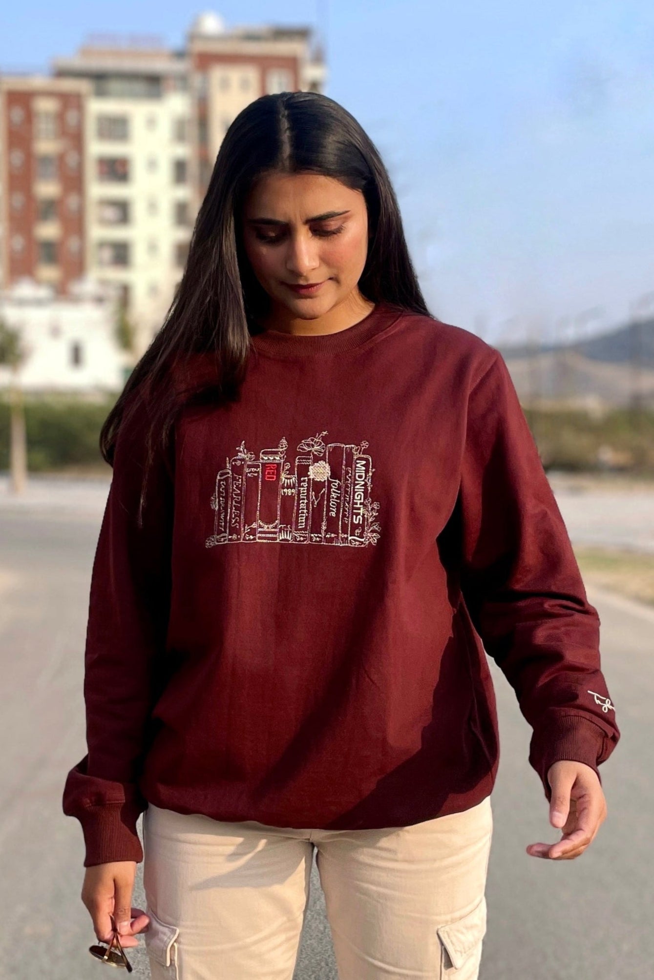 Taylor Swift Album Collection Embroidered Dark Brown Sweatshirt