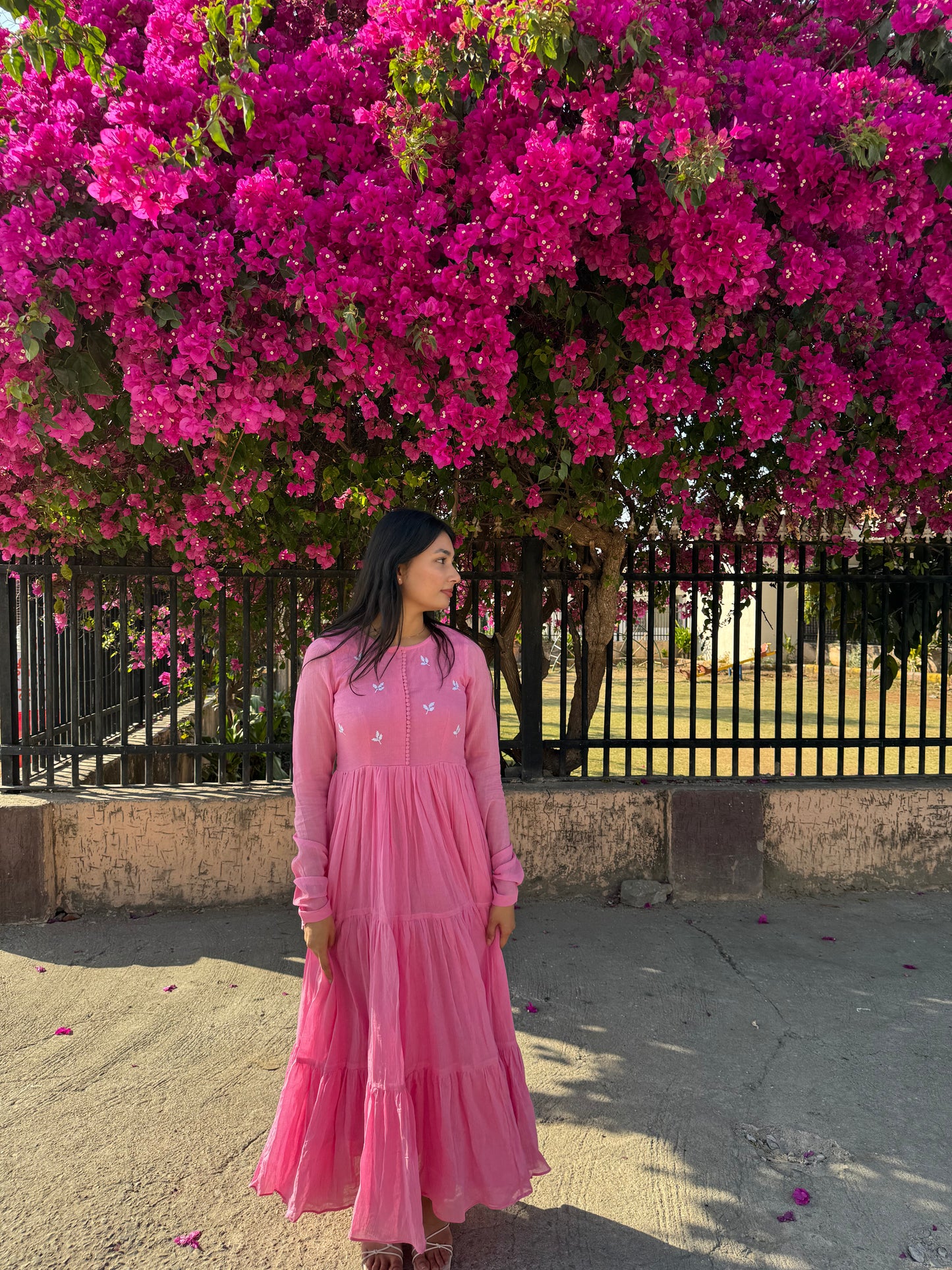Pink Cotton Mulmul Long Anarkali Kurti
