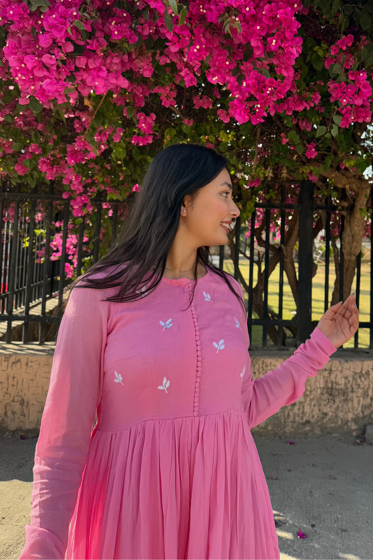 Pink Cotton Mulmul Long Anarkali Kurti