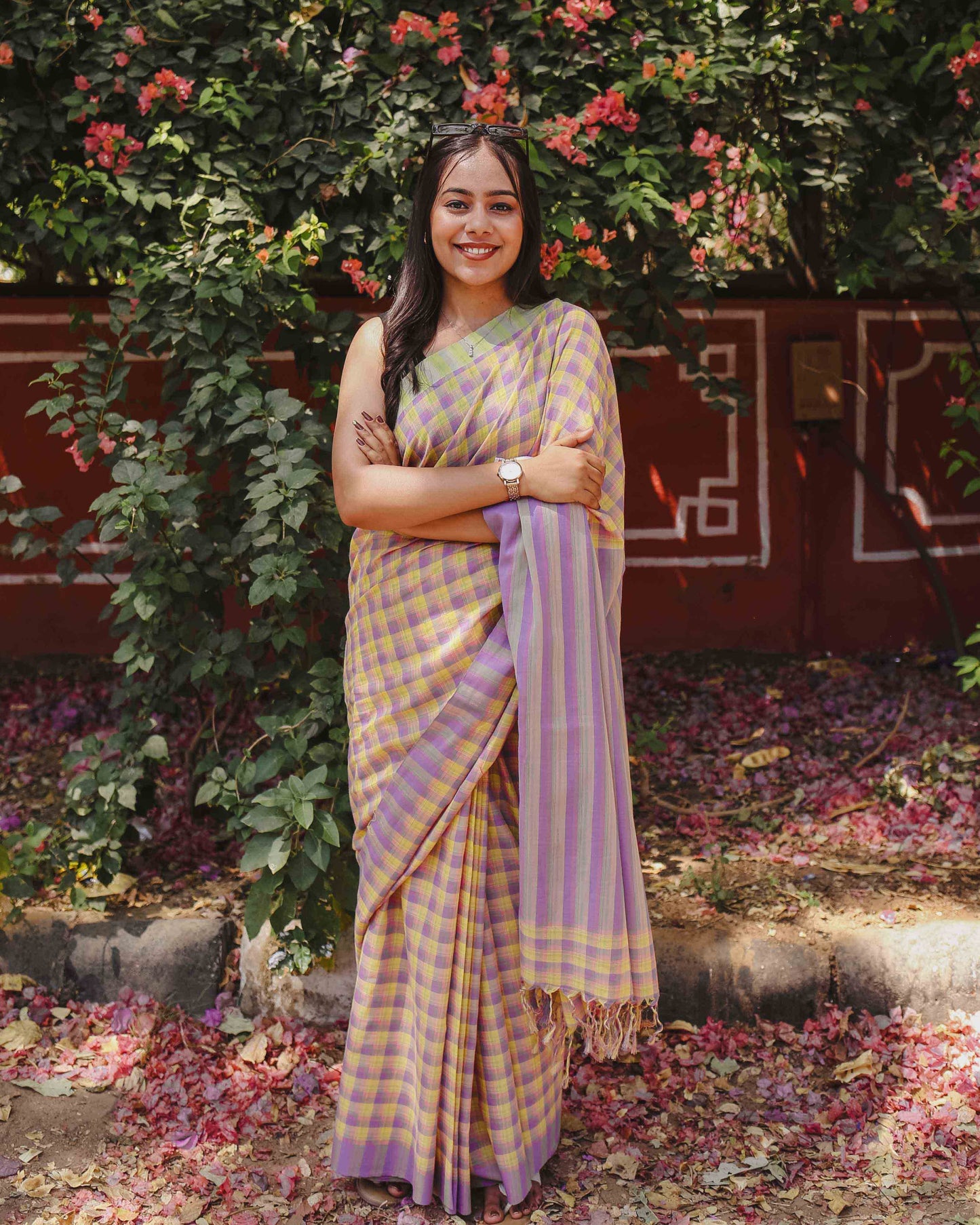 First Light - Lavender & Yellow Checked Organic Cotton Saree