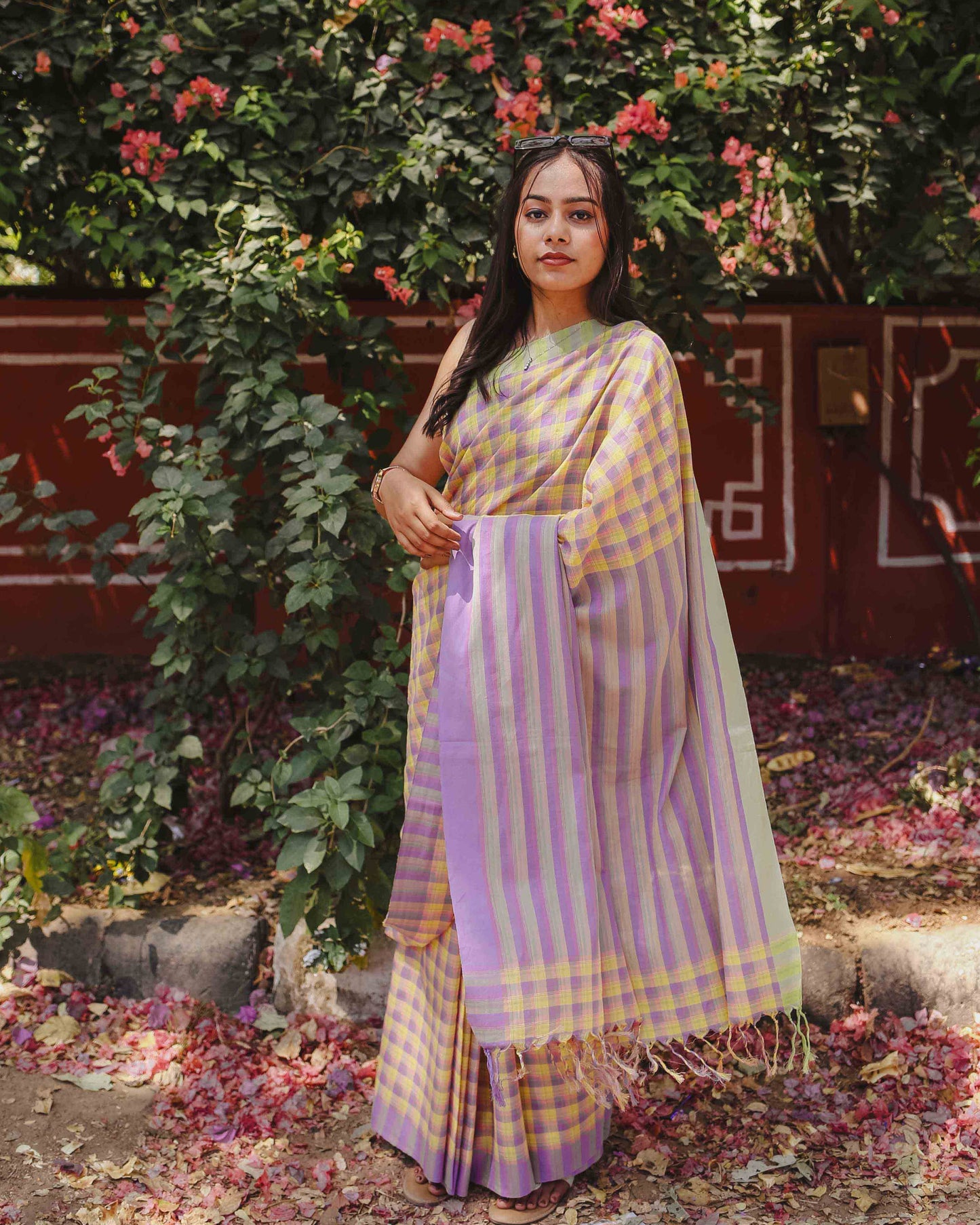 First Light - Lavender & Yellow Checked Organic Cotton Saree