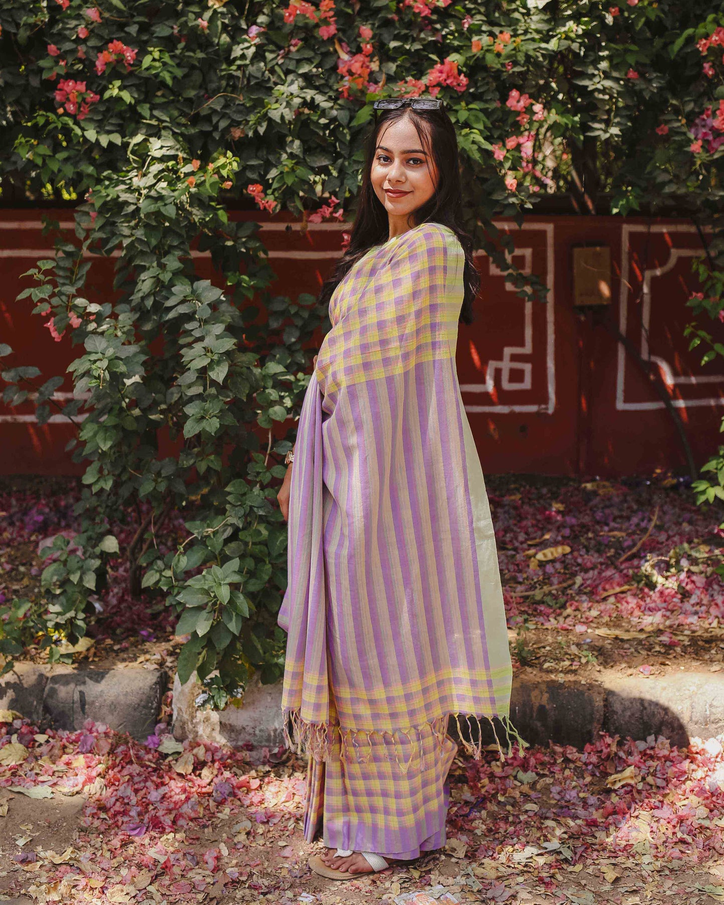 First Light - Lavender & Yellow Checked Organic Cotton Saree