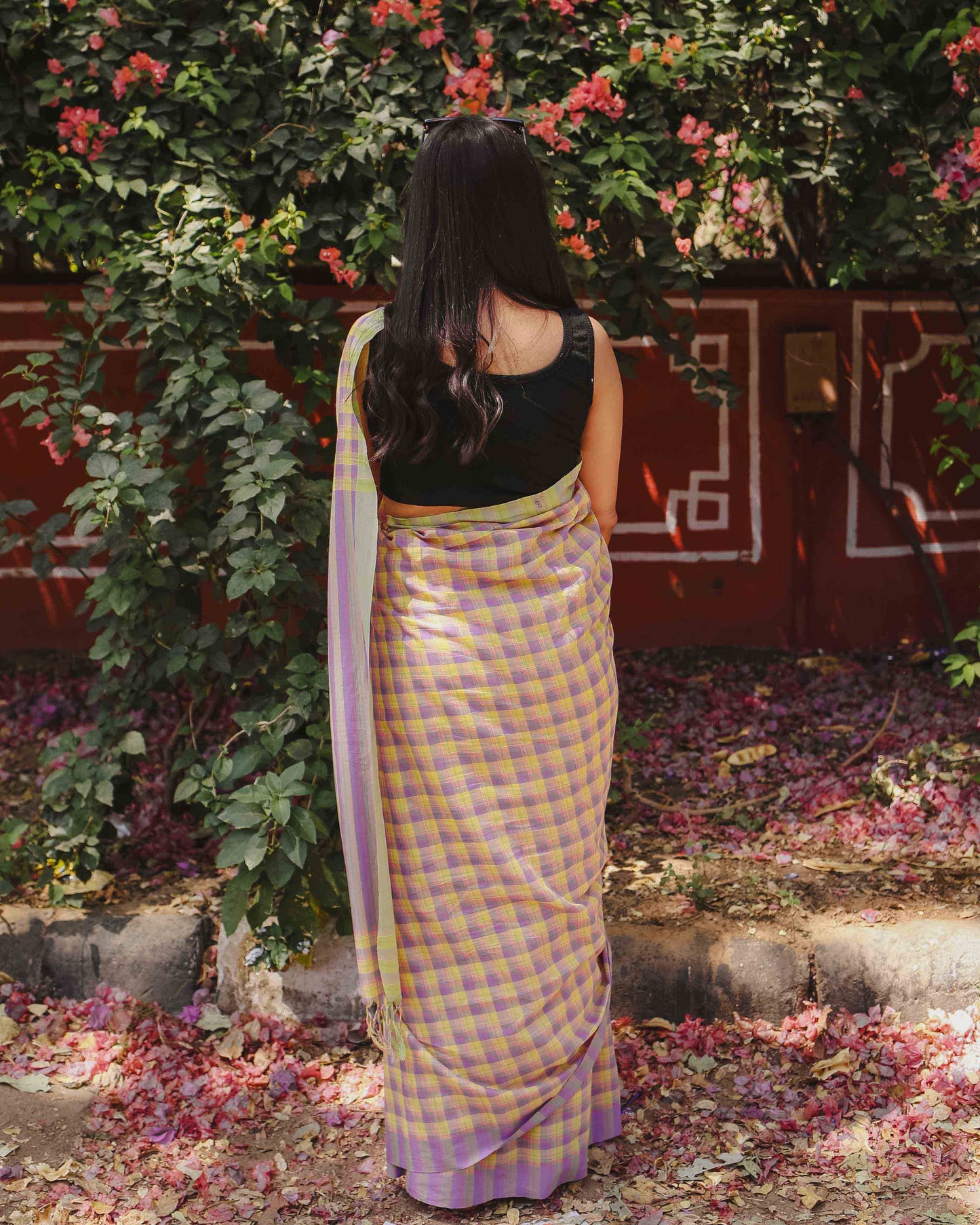First Light - Lavender & Yellow Checked Organic Cotton Saree