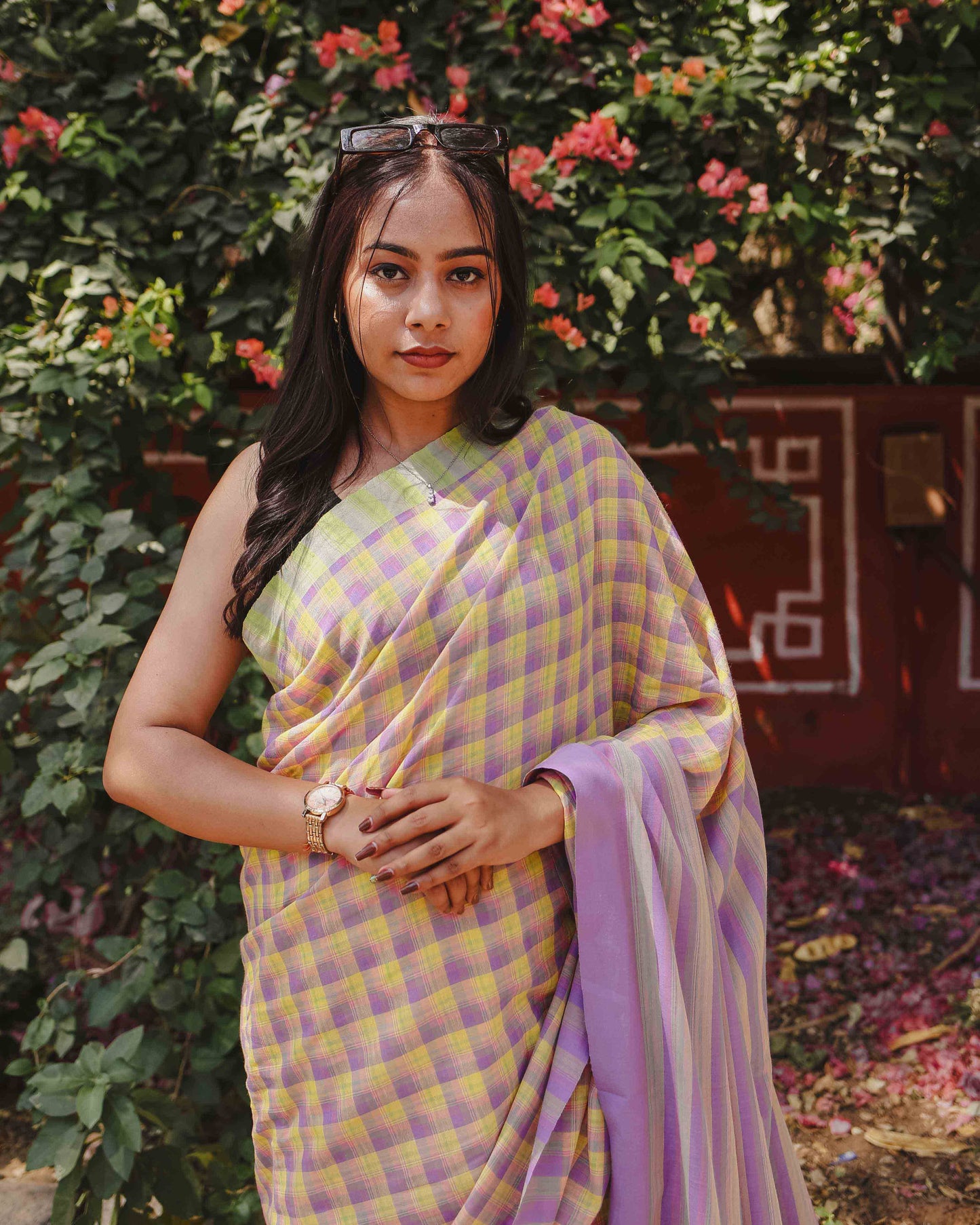 First Light - Lavender & Yellow Checked Organic Cotton Saree